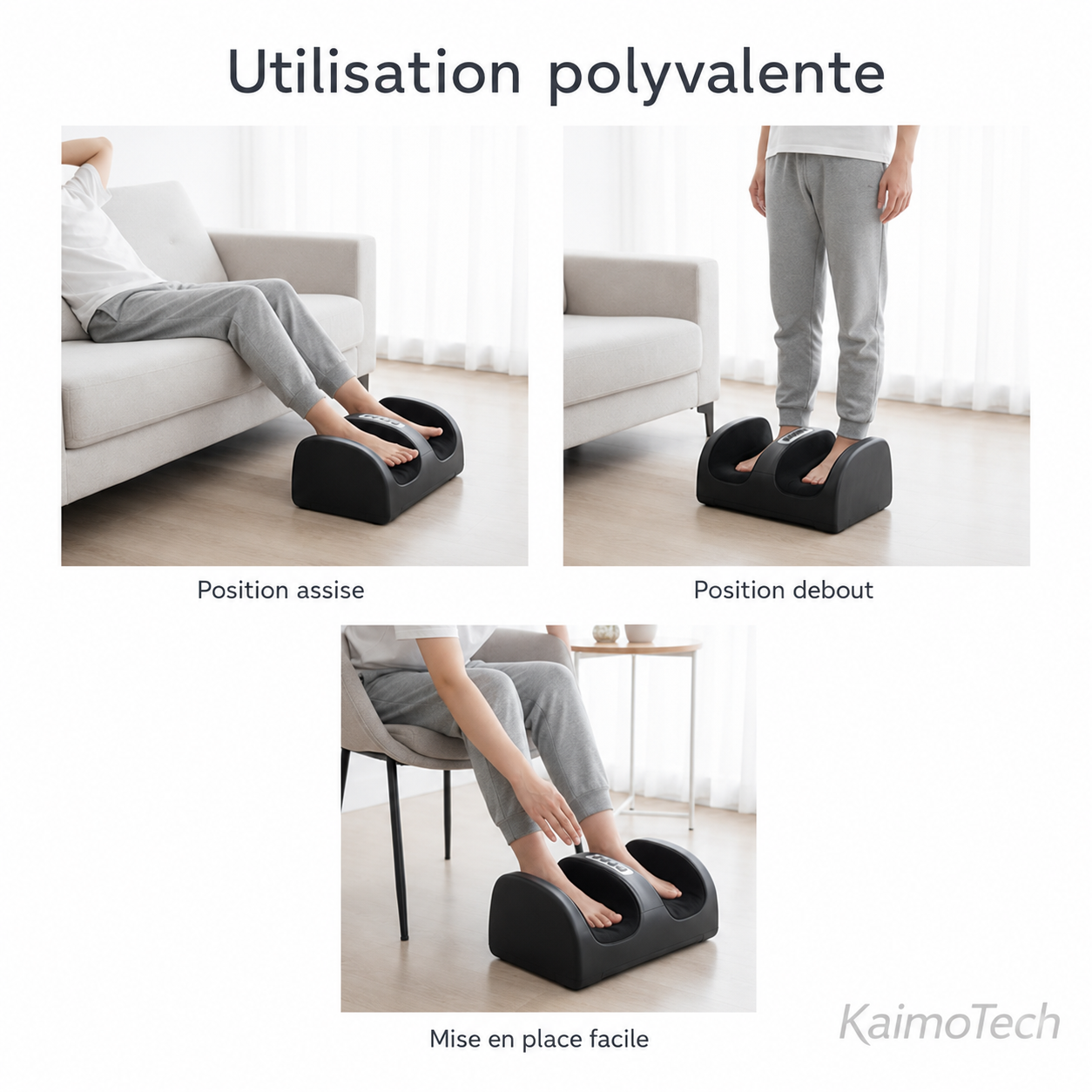 Masseur de pieds shiatsu KaimoTech à utilisation polyvalente, présenté en position assise, en position debout et avec une mise en place facile pour un usage confortable à domicile.