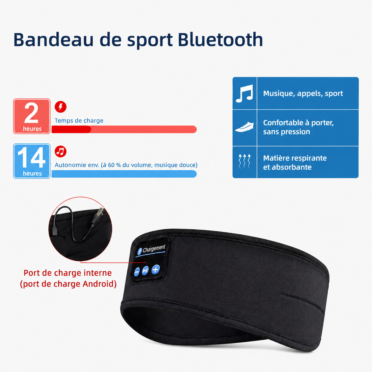 Bandeau de sport Bluetooth - 14 heures d'autonomie, matière respirante