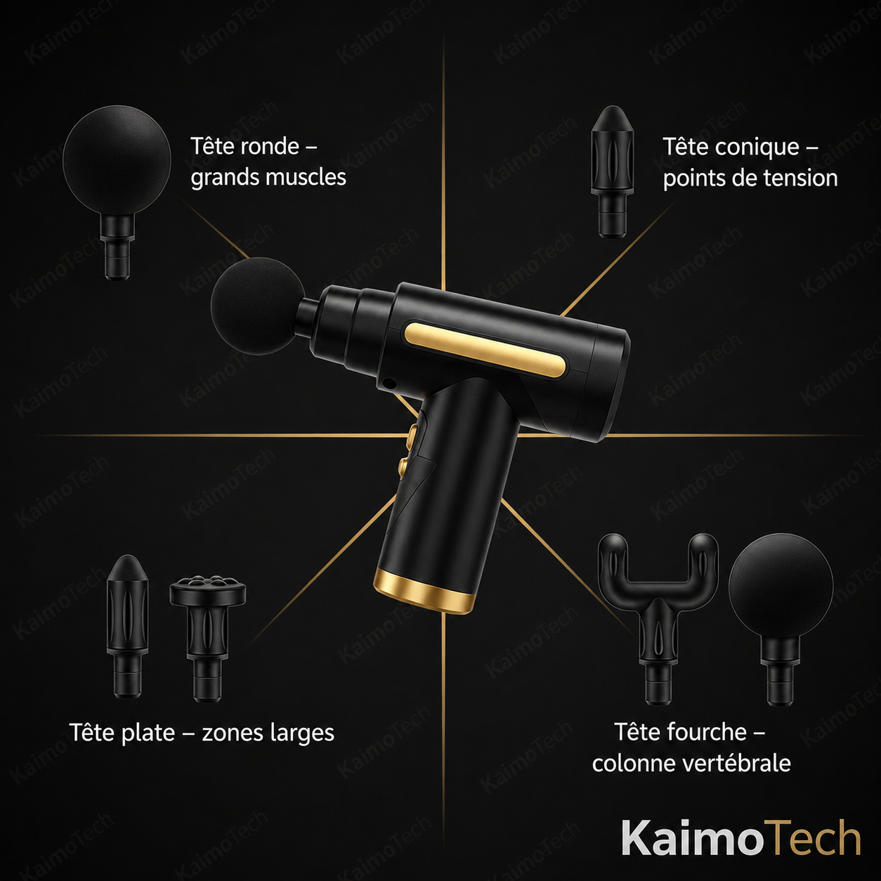 Pistolet de massage KaimoTech – 4 embouts interchangeables : tête ronde (grands muscles), tête conique (points de tension), tête plate (zones larges), tête fourche (colonne vertébrale)

