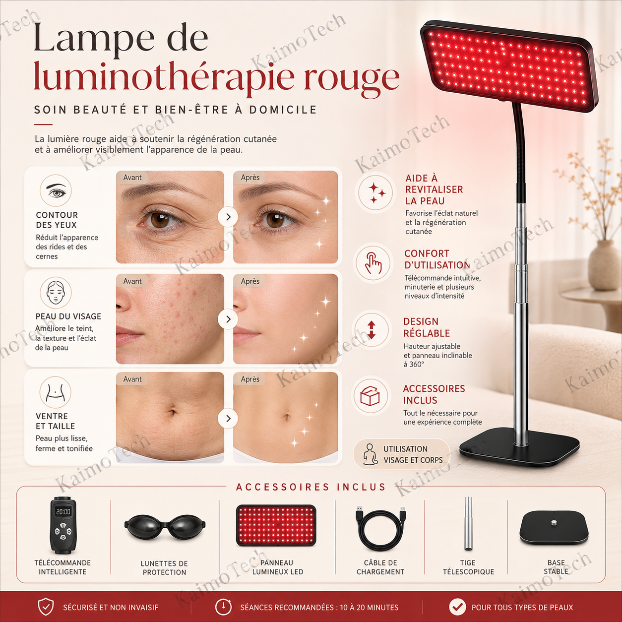 Lampe de luminothérapie rouge distribuée par KaimoTech, conçue pour les soins beauté et bien-être à domicile, avec lumière LED ciblée, design réglable, accessoires inclus et utilisation visage et corps.