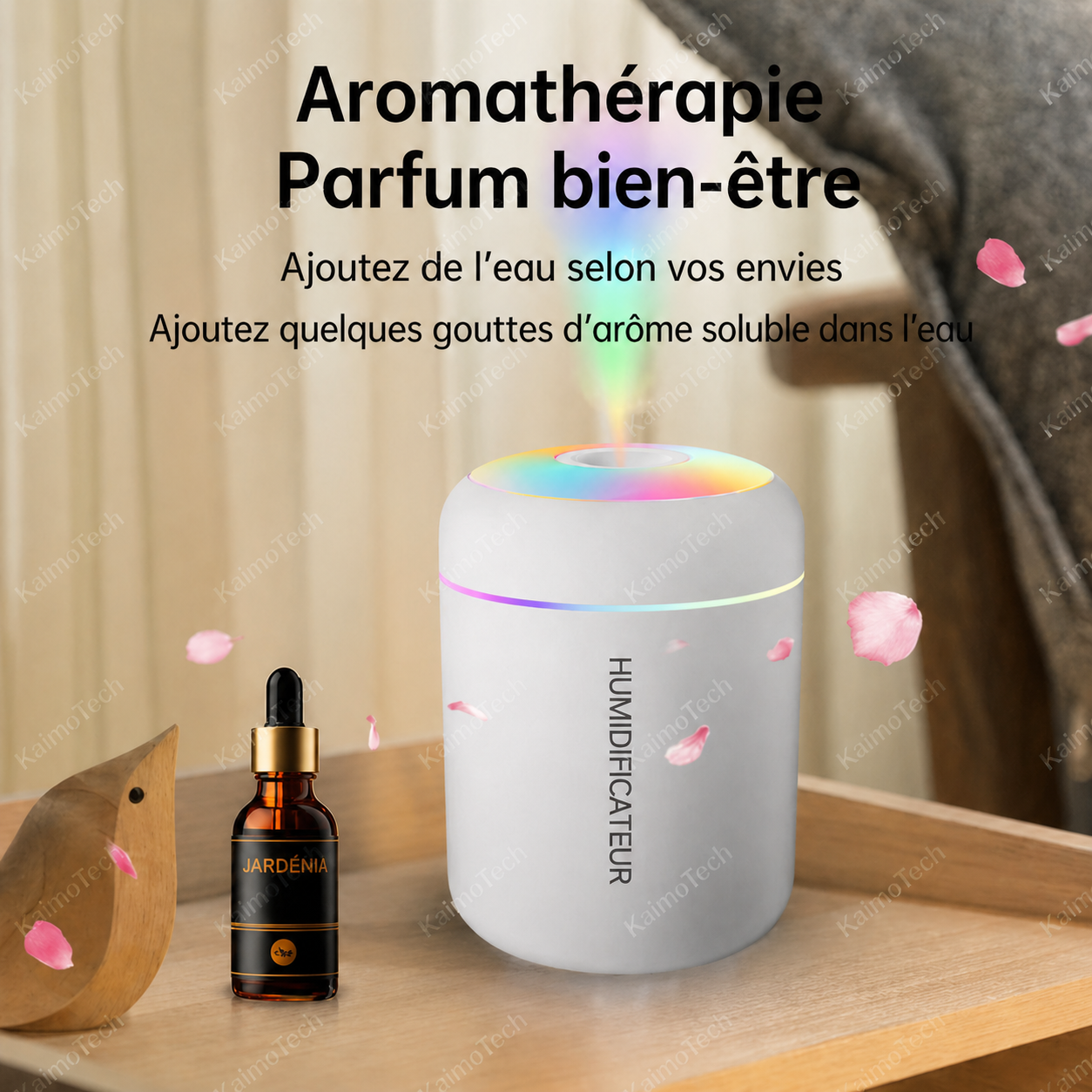 Mini humidificateur aromathérapie distribué par KaimoTech avec brume fine, éclairage LED multicolore et diffusion d’arômes solubles dans l’eau, idéal pour créer une ambiance bien-être à la maison ou au bureau.