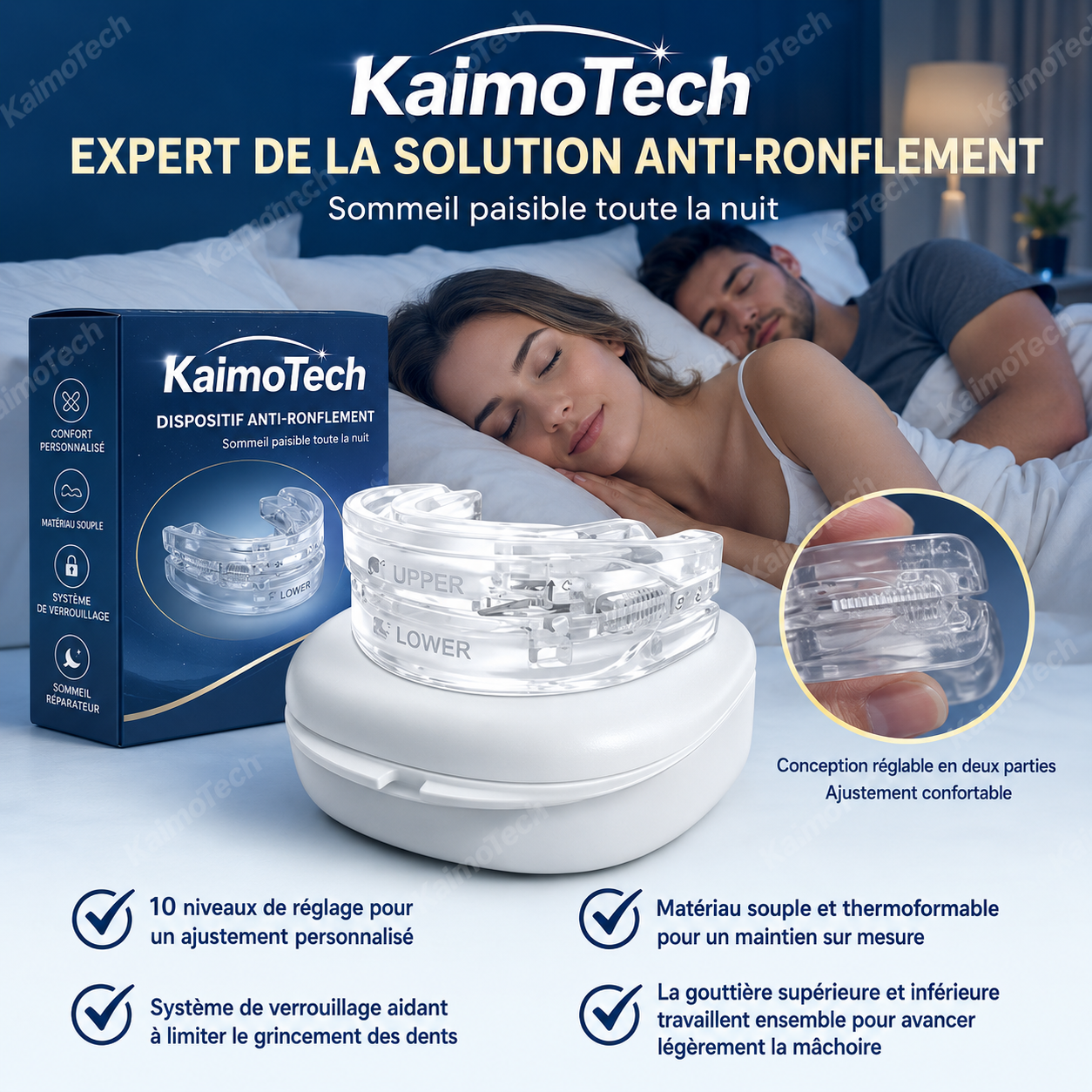 Gouttière anti-ronflement KaimoTech réglable et confortable, avec conception en deux parties, matériau souple et thermoformable, 10 niveaux de réglage et système de verrouillage pour aider à réduire le ronflement et favoriser un sommeil plus paisible.