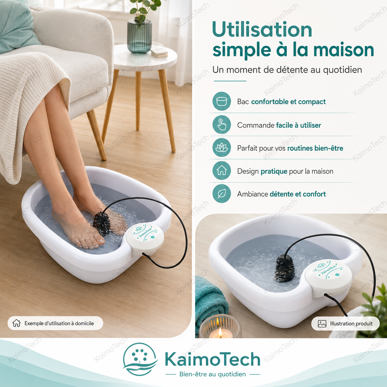 Bain de pieds ionique KaimoTech présenté dans une ambiance home spa à domicile, avec bac compact, commande facile à utiliser et design pratique. Image montrant l’utilisation simple du Foot Spa, ses accessoires et son confort pour une routine bien-être quotidienne.