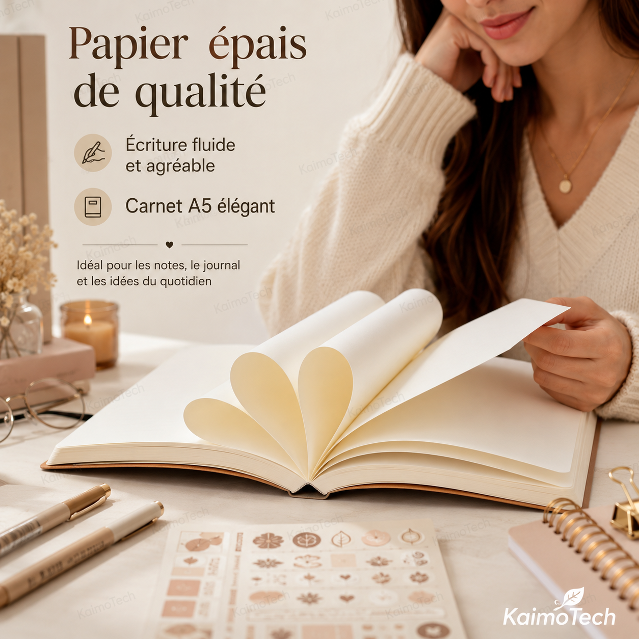 Carnet A5 KaimoTech ouvert avec papier épais de haute qualité, pages lisses et agréables pour une écriture fluide, idéal pour les notes, le journaling, les idées, l’organisation quotidienne, les études et le travail