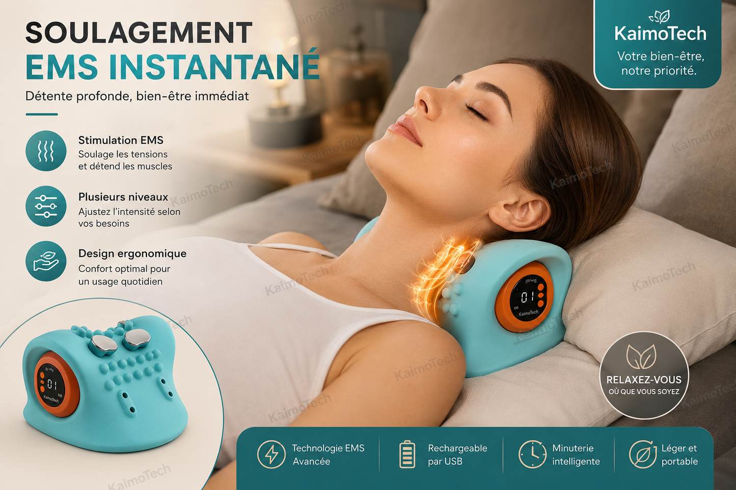 Masseur cervical KaimoTech avec stimulation EMS, chaleur douce, plusieurs niveaux d’intensité et design ergonomique, présenté en utilisation à domicile pour la détente du cou et le confort quotidien.