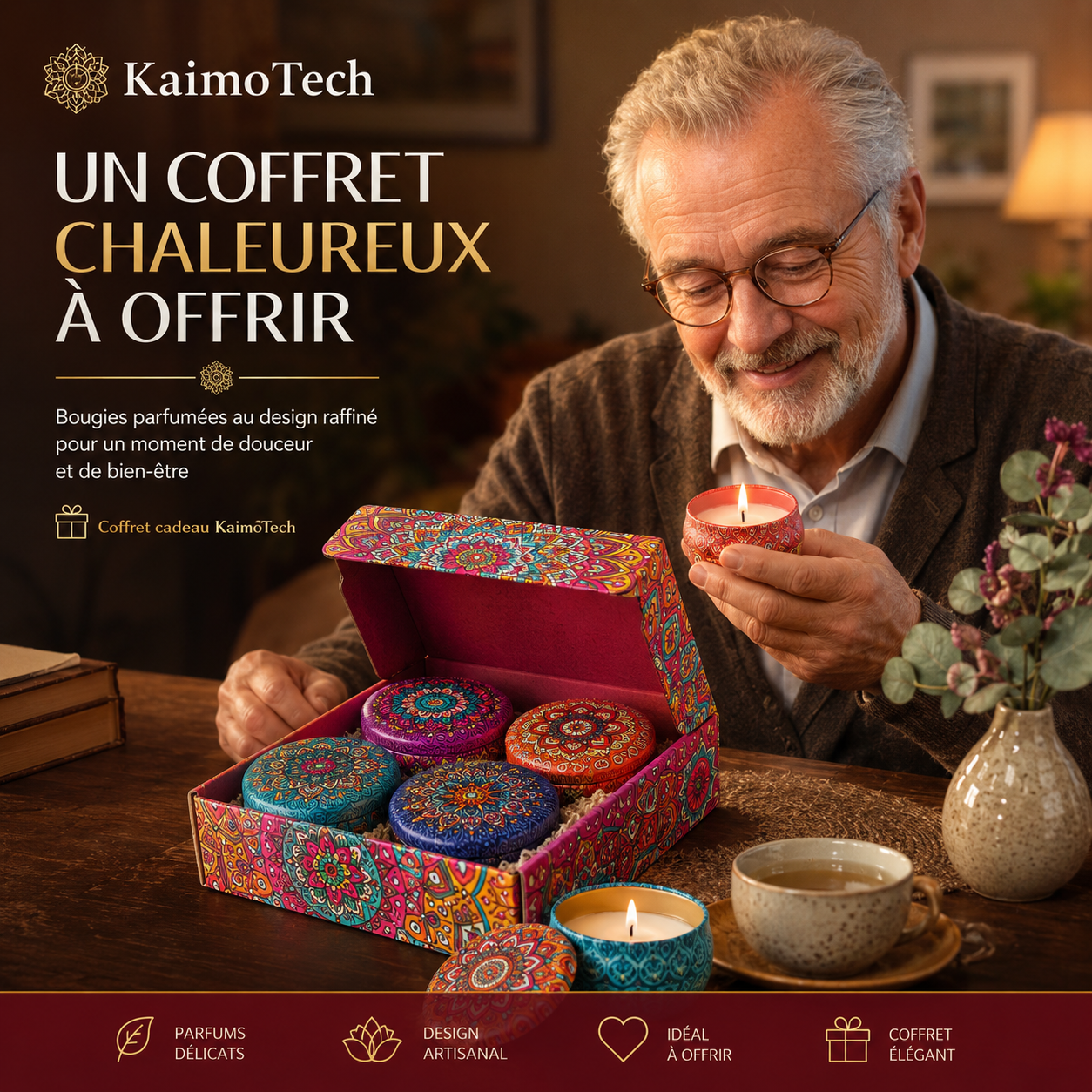 Coffret de bougies parfumées KaimoTech présenté par un grand-père européen, avec 4 bougies décoratives aux motifs colorés, parfums délicats, design artisanal et idée cadeau élégante