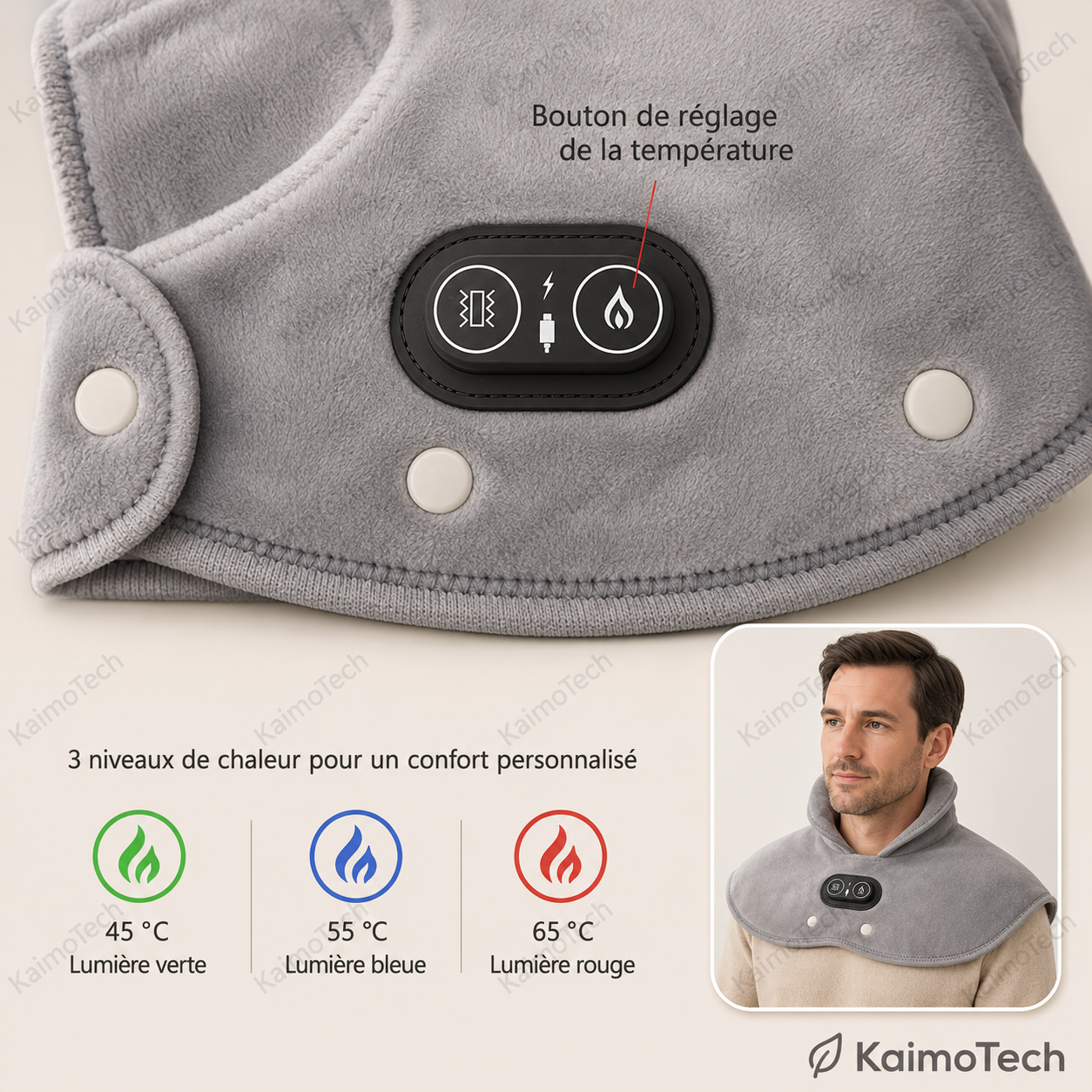 Coussin chauffant KaimoTech pour cou et épaules avec réglage de température 45 °C, 55 °C et 65 °C