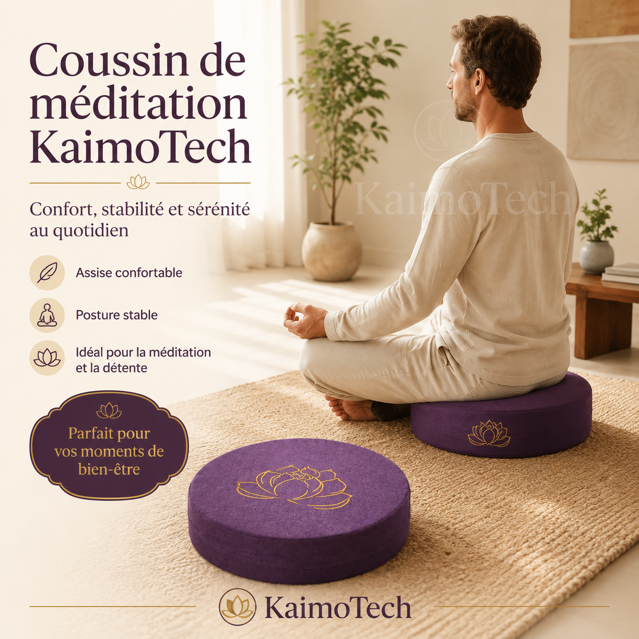 Coussin de méditation KaimoTech violet avec motif lotus doré, utilisé par un homme dans un intérieur zen, idéal pour une assise confortable, une posture stable et des moments de bien-être au quotidien.