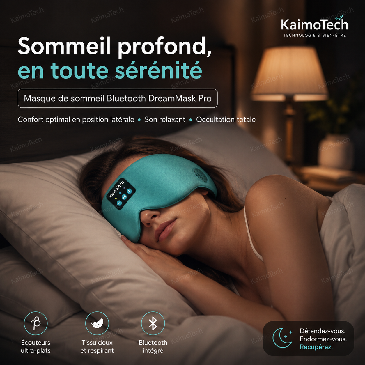 Femme portant le masque de sommeil Bluetooth DreamMask Pro KaimoTech bleu ciel, conçu pour favoriser un sommeil profond avec occultation totale, écouteurs ultra-plats et tissu doux respirant.