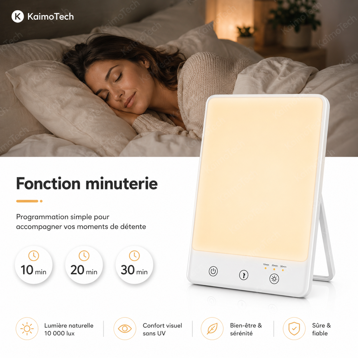 Lampe de luminothérapie KaimoTech avec minuterie intégrée 10/20/30 min, lumière naturelle 10 000 lux sans UV, design compact avec support inclinable, éclairage blanc chaud et utilisation idéale pour la détente, le sommeil, le bien-être et les moments de relaxation à la maison