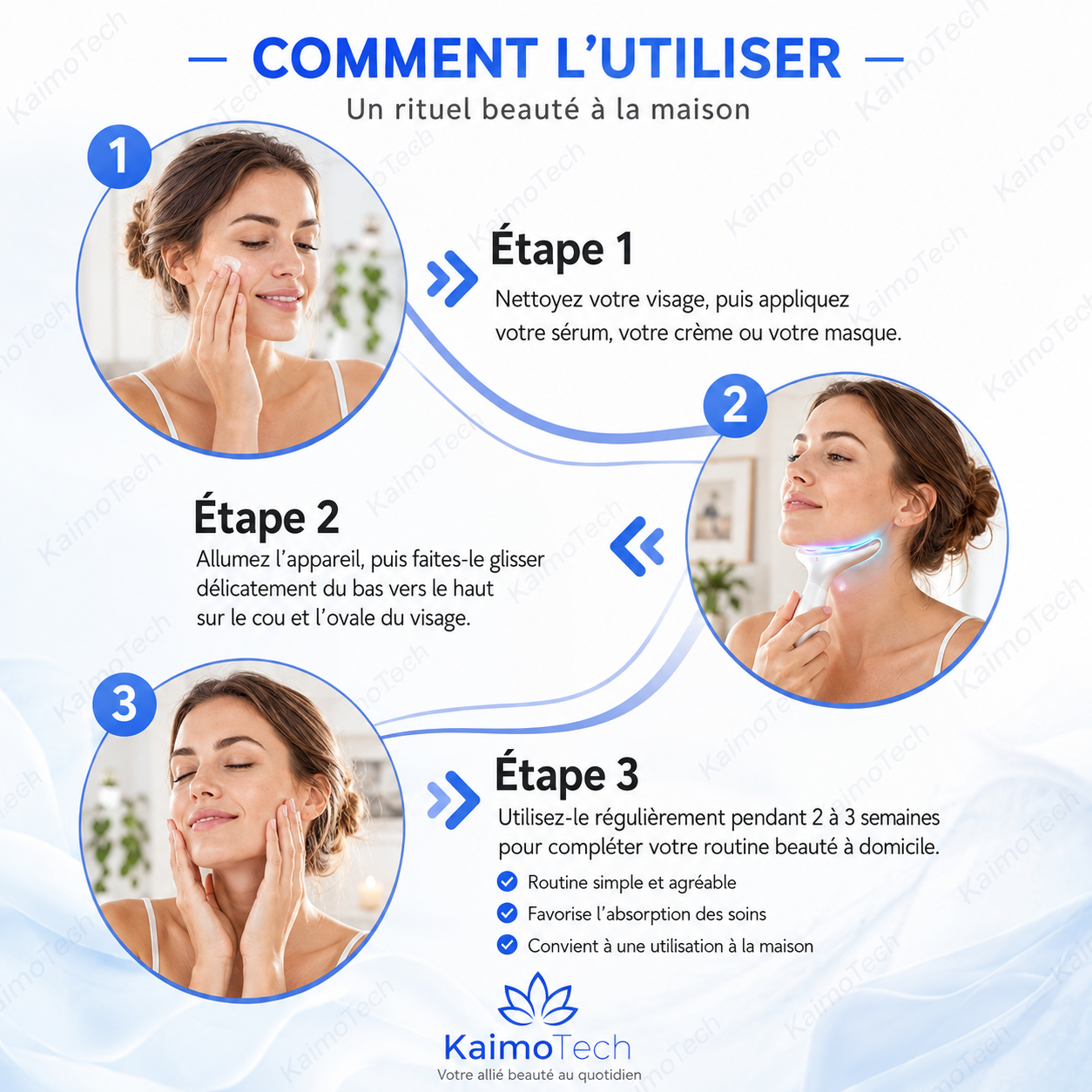 Guide d’utilisation KaimoTech pour appareil beauté LED visage et cou, présenté en 3 étapes simples : préparation de la peau, utilisation de l’appareil sur le cou et l’ovale du visage, puis intégration dans une routine beauté à domicile.