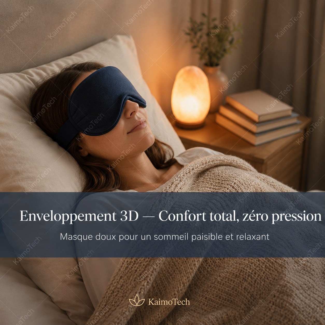 Femme portant un masque chauffant 3D KaimoTech au lit, avec confort enveloppant, zéro pression et ambiance relaxante pour un sommeil paisible.
