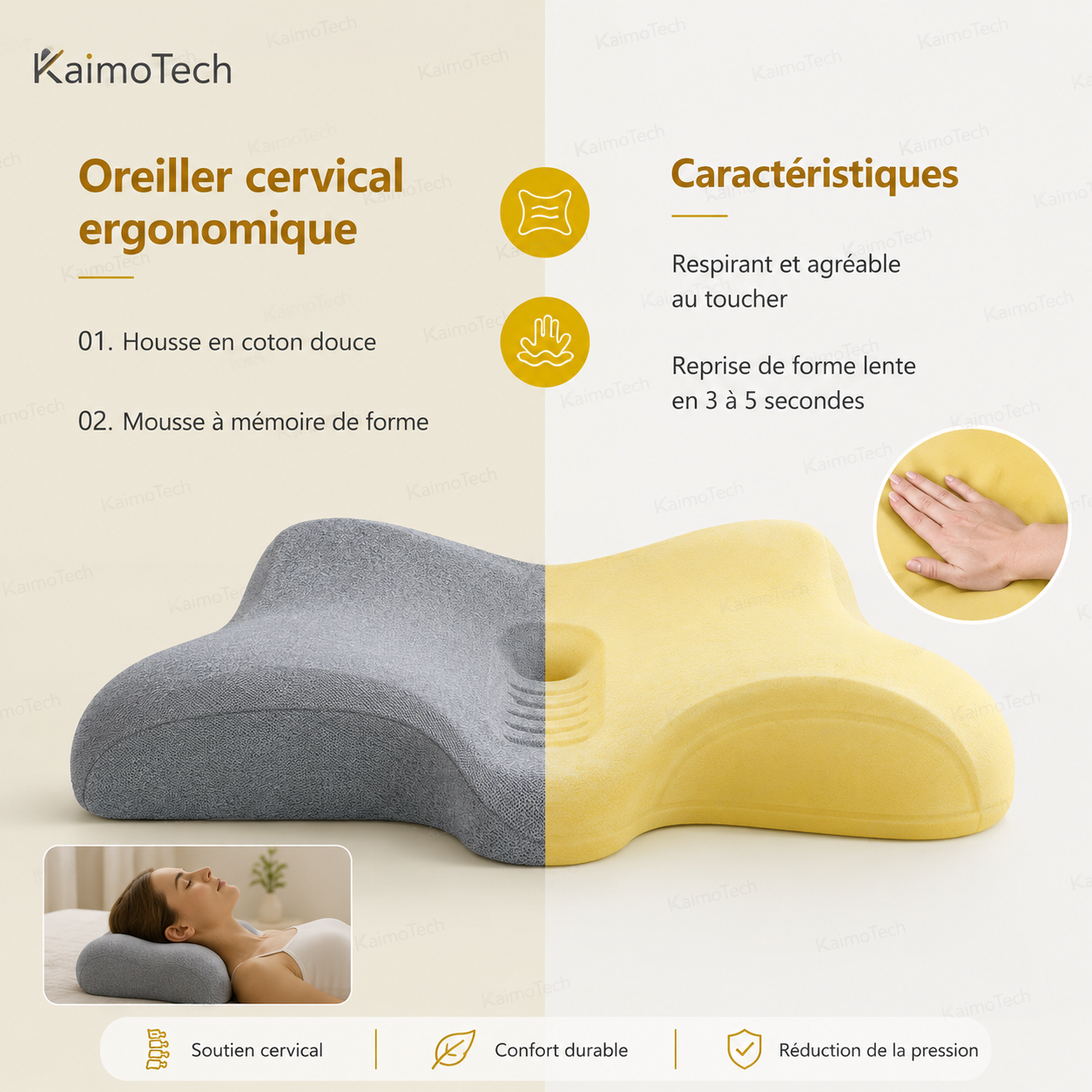 Oreiller cervical ergonomique KaimoTech en mousse à mémoire de forme avec housse en coton douce et respirante, reprise de forme lente en 3 à 5 secondes, soutien cervical confortable, réduction de la pression et confort durable pour la nuque, les cervicales et les moments de repos
