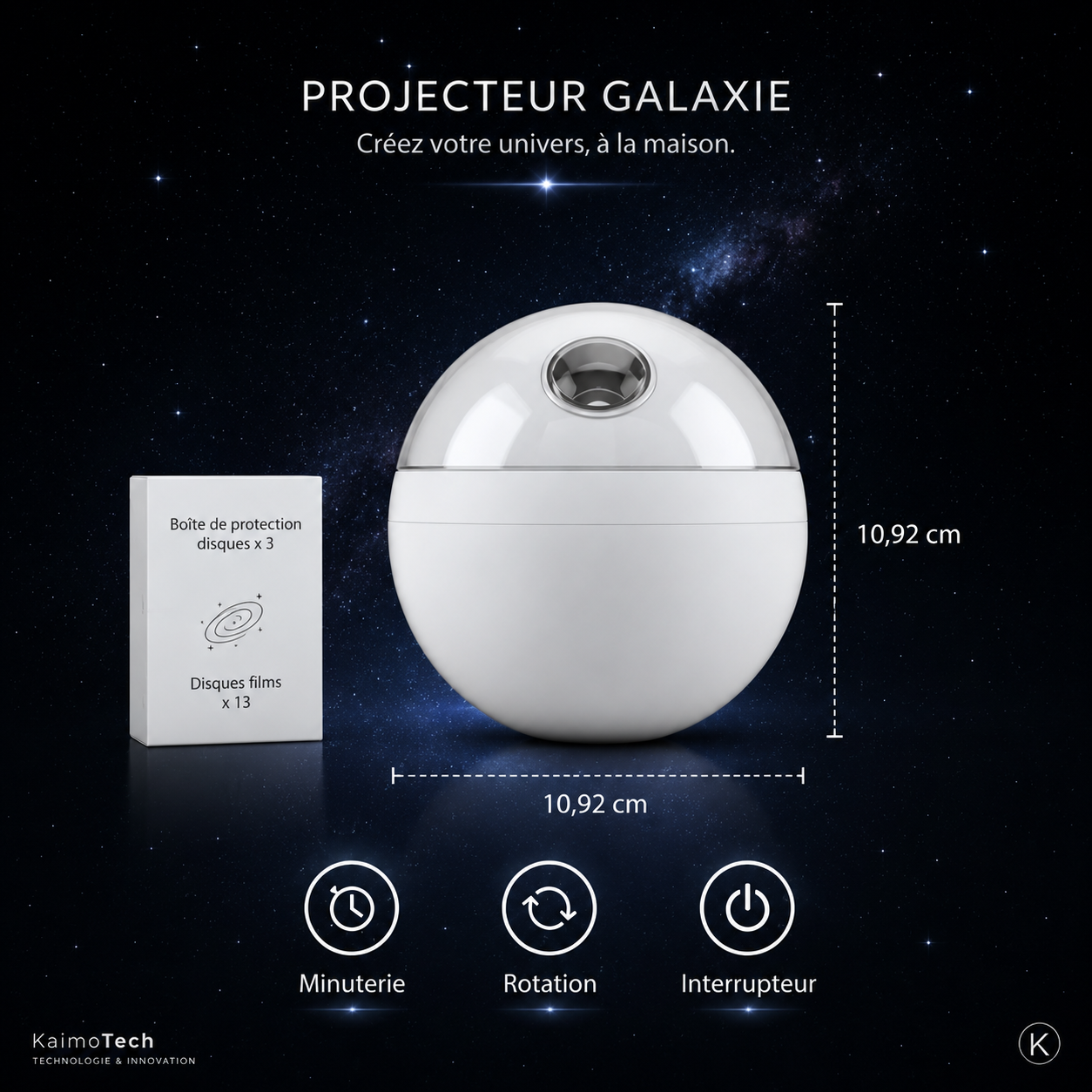 Projecteur galaxie KaimoTech blanc avec 13 disques de projection, boîte de rangement, fonction minuterie, rotation et interrupteur, format compact 10,92 cm pour créer une ambiance étoilée à la maison.