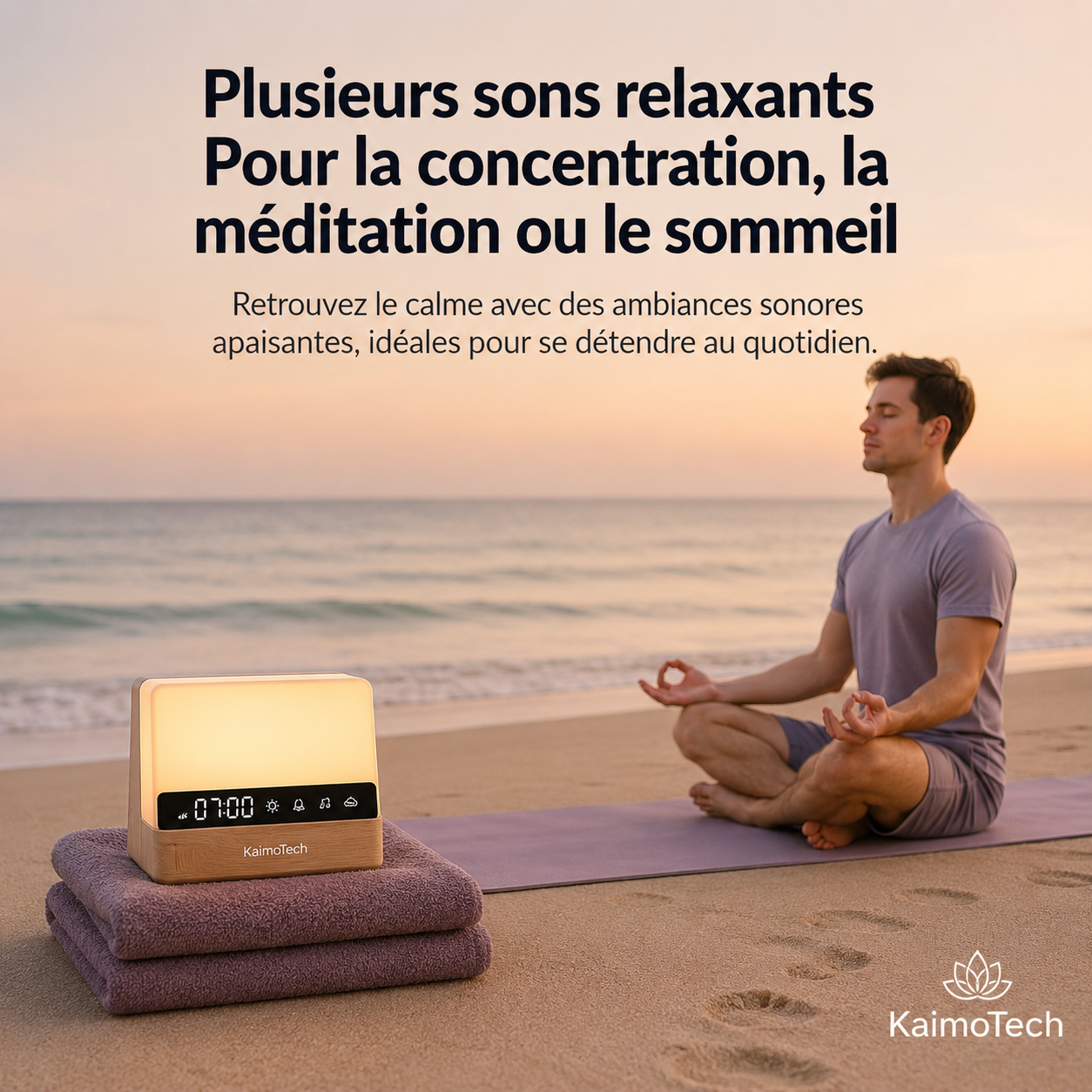 Réveil lumineux KaimoTech avec sons relaxants et lumière douce, utilisé lors d’une séance de méditation sur la plage pour favoriser la concentration, la détente, le sommeil et une ambiance apaisante au quotidien.