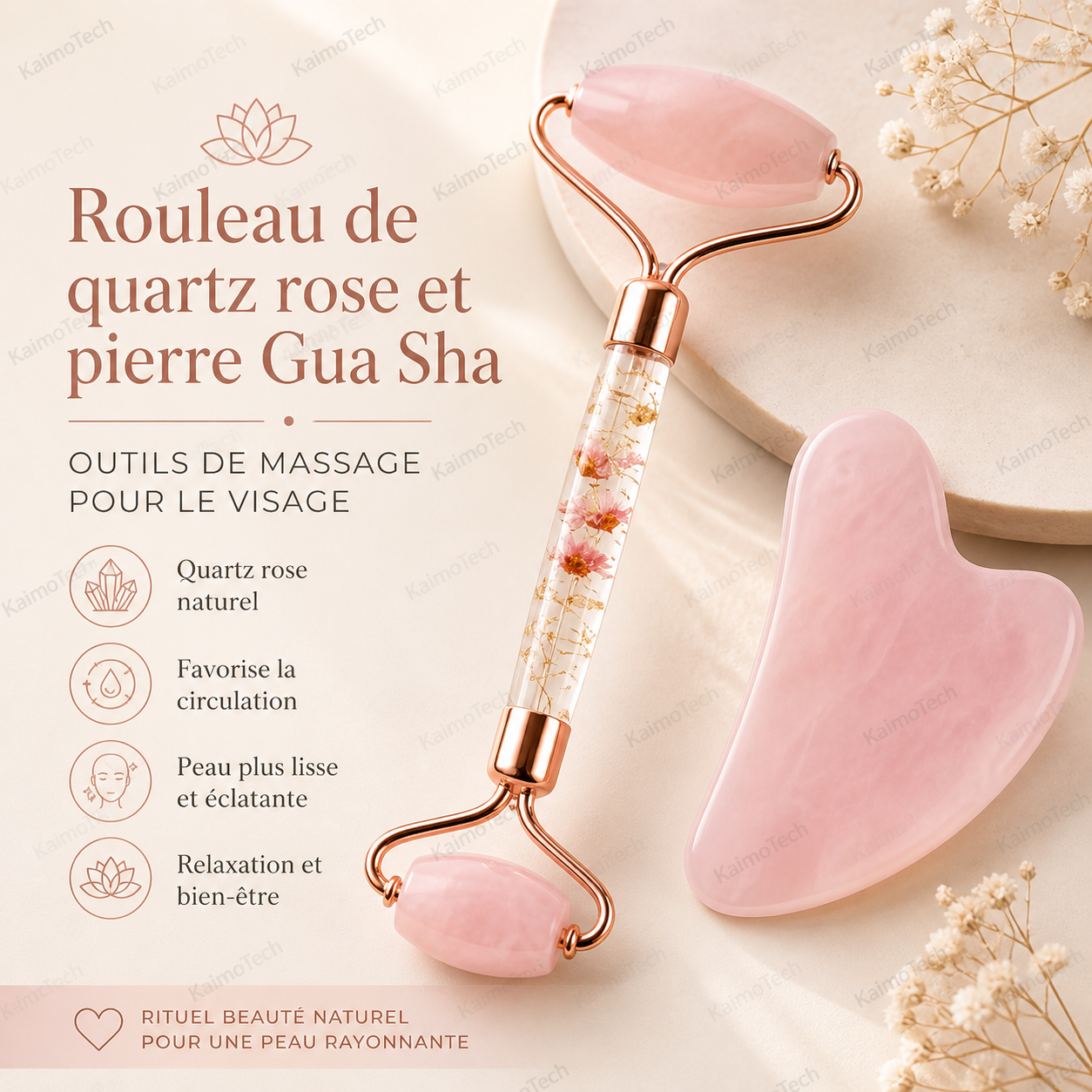 Rouleau de quartz rose et pierre Gua Sha pour le visage, présentés dans un style élégant et raffiné. Outils de massage conçus pour une routine beauté quotidienne, aidant à favoriser la circulation, lisser l’apparence de la peau et offrir un moment de relaxation et de bien-être.