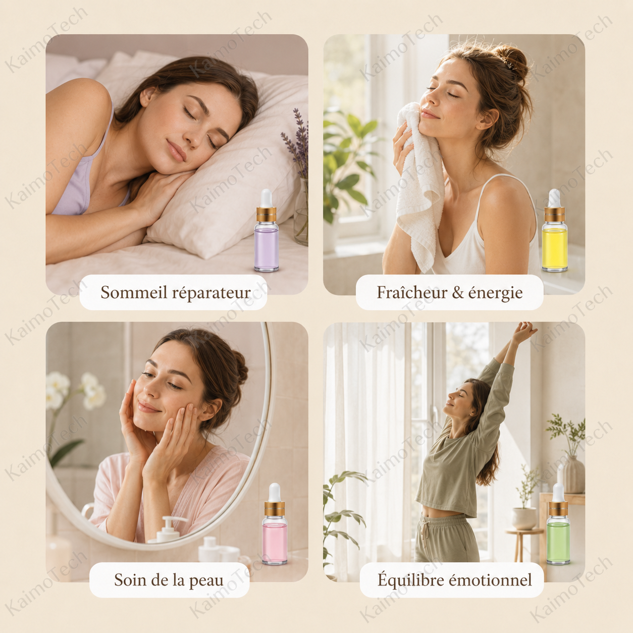 Huiles essentielles distribuées par KaimoTech, illustrées dans quatre moments de bien-être : sommeil réparateur, fraîcheur et énergie, soin de la peau et équilibre émotionnel.