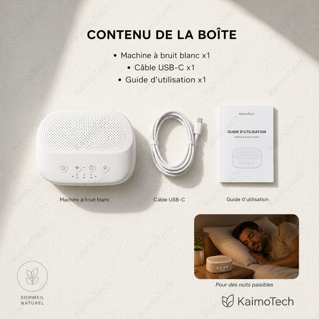 Machine à bruit blanc SleepSound KaimoTech présentée avec son câble USB-C et son guide d’utilisation, idéale pour créer une ambiance sonore apaisante à la maison ou en voyage