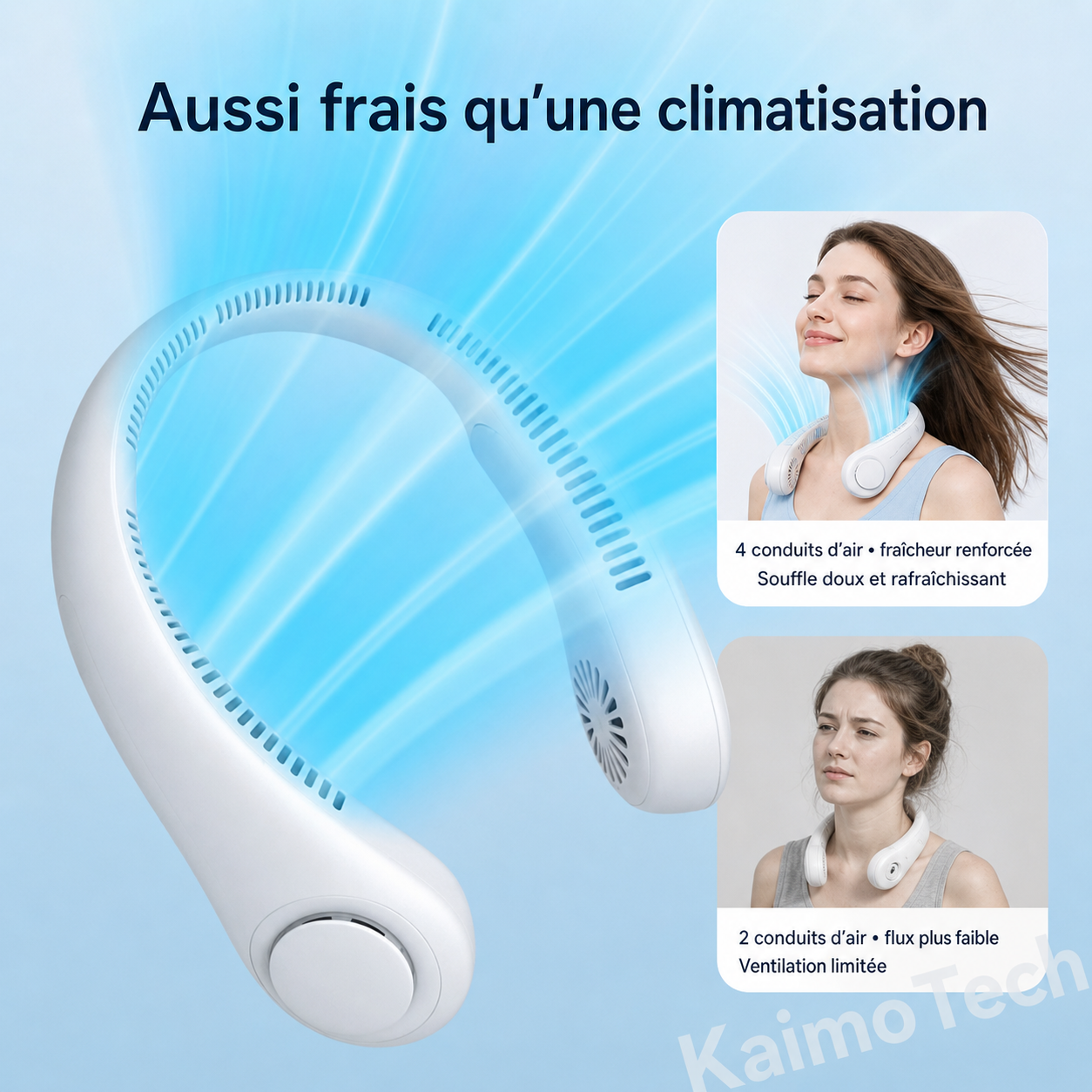 Ventilateur de cou portable distribué par KaimoTech avec 4 conduits d’air pour une fraîcheur renforcée, souffle doux et rafraîchissant, conçu pour offrir une sensation de fraîcheur comparable à une climatisation.