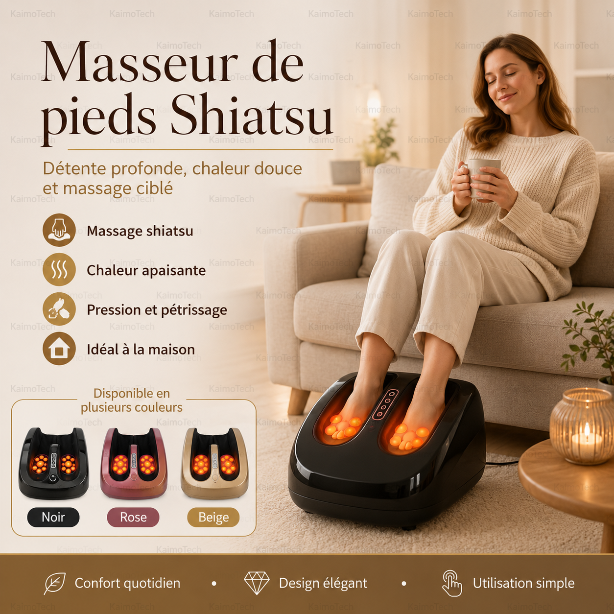 Masseur de pieds shiatsu KaimoTech avec chaleur apaisante, pression et pétrissage, utilisé à domicile dans un salon chaleureux. Image présentant un massage ciblé, une utilisation simple, un design élégant et les coloris noir, rose et beige.