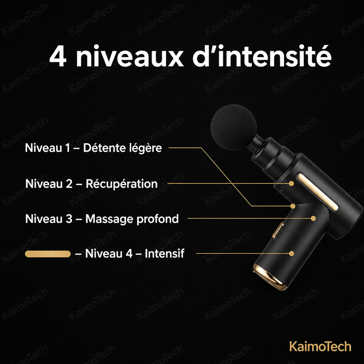 Pistolet de massage KaimoTech – 4 niveaux d’intensité : niveau 1 détente légère, niveau 2 récupération, niveau 3 massage profond, niveau 4

