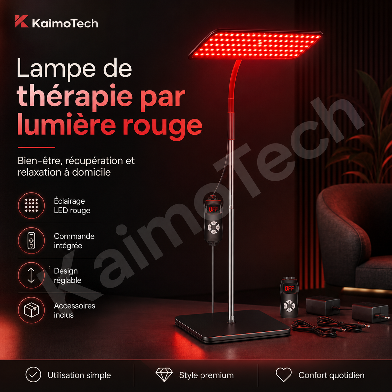 Lampe de thérapie par lumière rouge distribuée par KaimoTech, avec éclairage LED rouge, commande intégrée, design réglable et accessoires inclus pour une utilisation simple, premium et confortable à domicile.