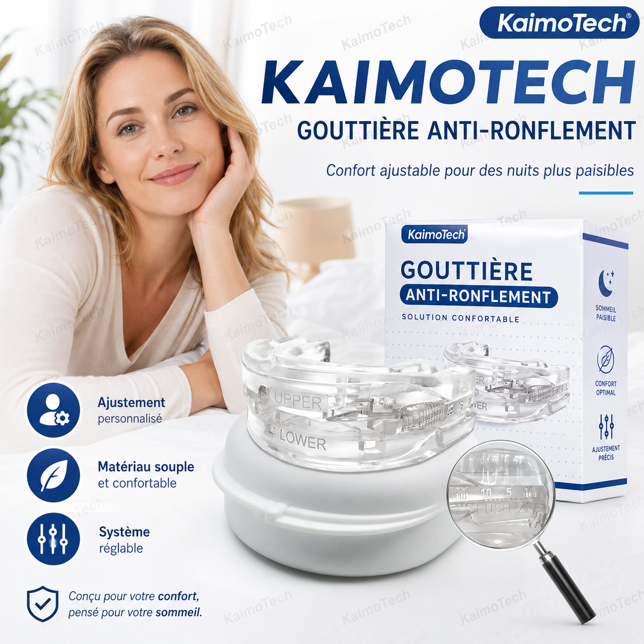 Gouttière anti-ronflement KaimoTech réglable et confortable, avec matériau souple, ajustement personnalisé, système précis, boîte de rangement et design transparent pour aider à réduire le ronflement et favoriser des nuits plus paisibles.