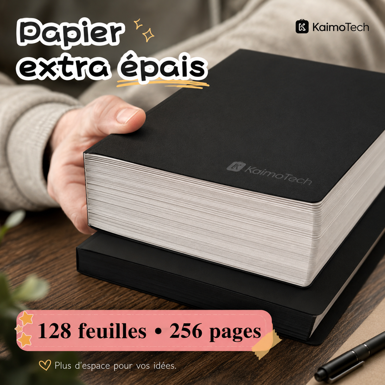 Carnet A5 KaimoTech noir à couverture rigide avec papier extra épais, 128 feuilles et 256 pages, idéal pour écrire, prendre des notes, organiser ses idées, tenir un journal et travailler au quotidien