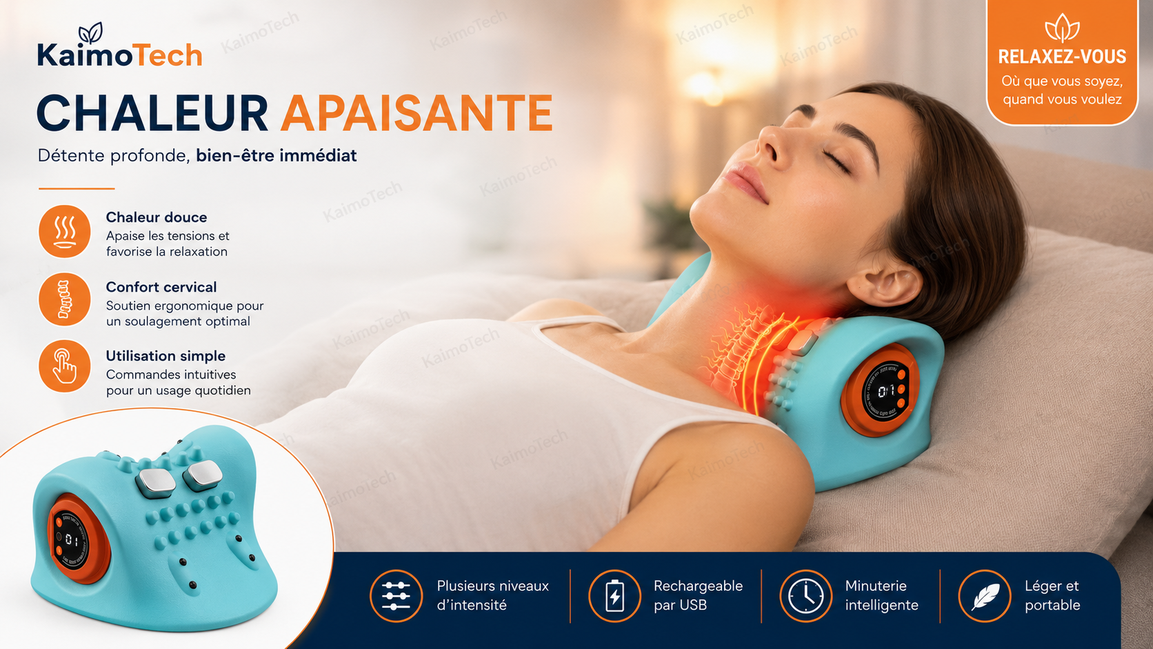 Masseur cervical KaimoTech avec chaleur apaisante, confort cervical, commandes intuitives, plusieurs niveaux d’intensité, recharge USB et minuterie intelligente, présenté pour une détente à domicile.