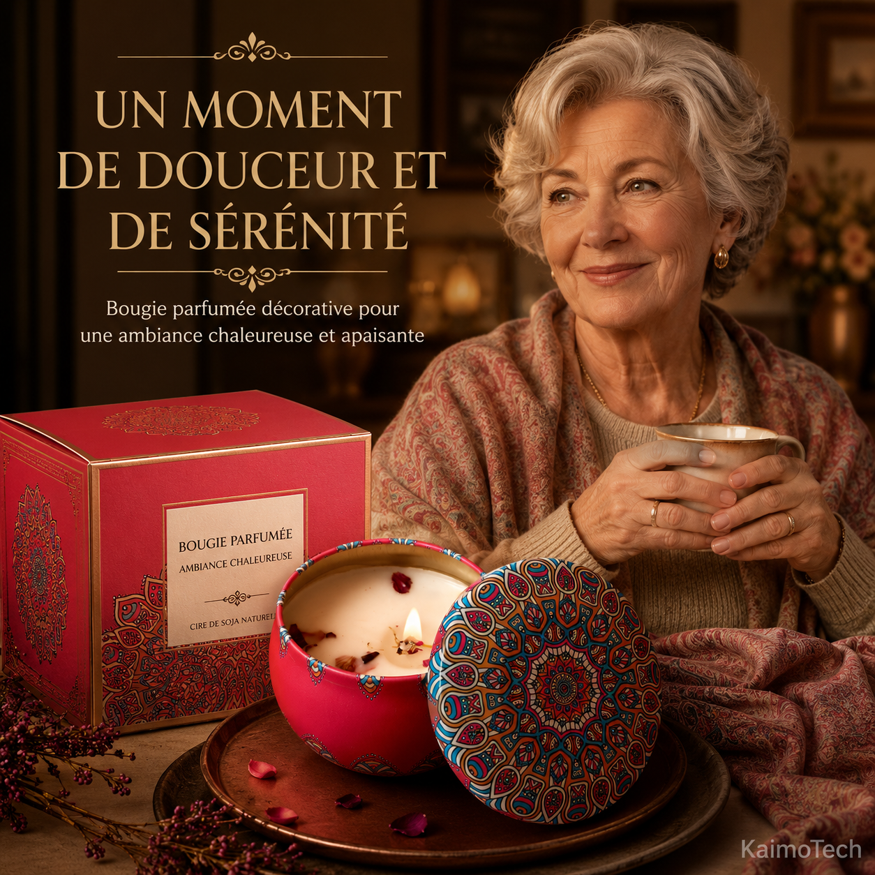 Bougie parfumée KaimoTech avec grand-mère européenne, coffret cadeau décoratif, cire naturelle de soja, motifs mandala colorés, ambiance chaleureuse, détente et bien-être