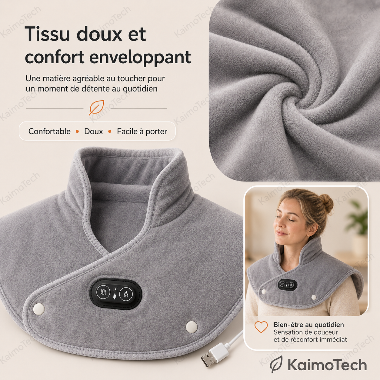 Coussin chauffant KaimoTech pour la nuque et les épaules avec tissu doux, confort enveloppant et alimentation USB
