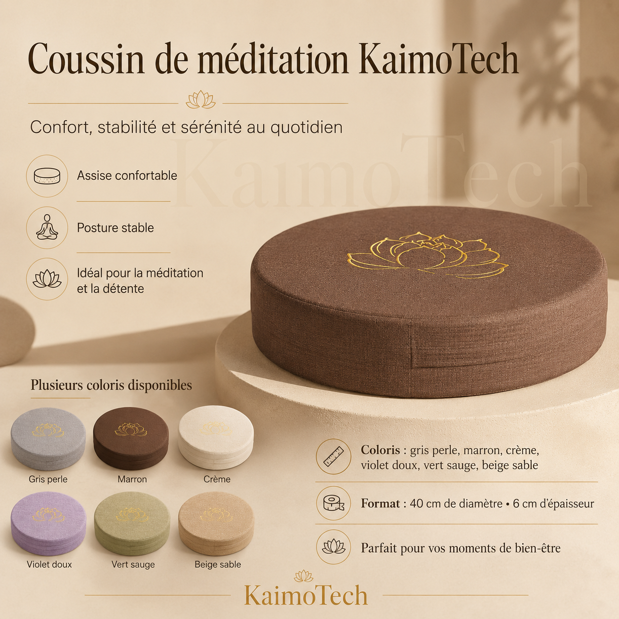 Coussin de méditation KaimoTech rond avec motif lotus doré, présenté avec plusieurs coloris disponibles, conçu pour une assise confortable, une posture stable et des moments de bien-être au quotidien.