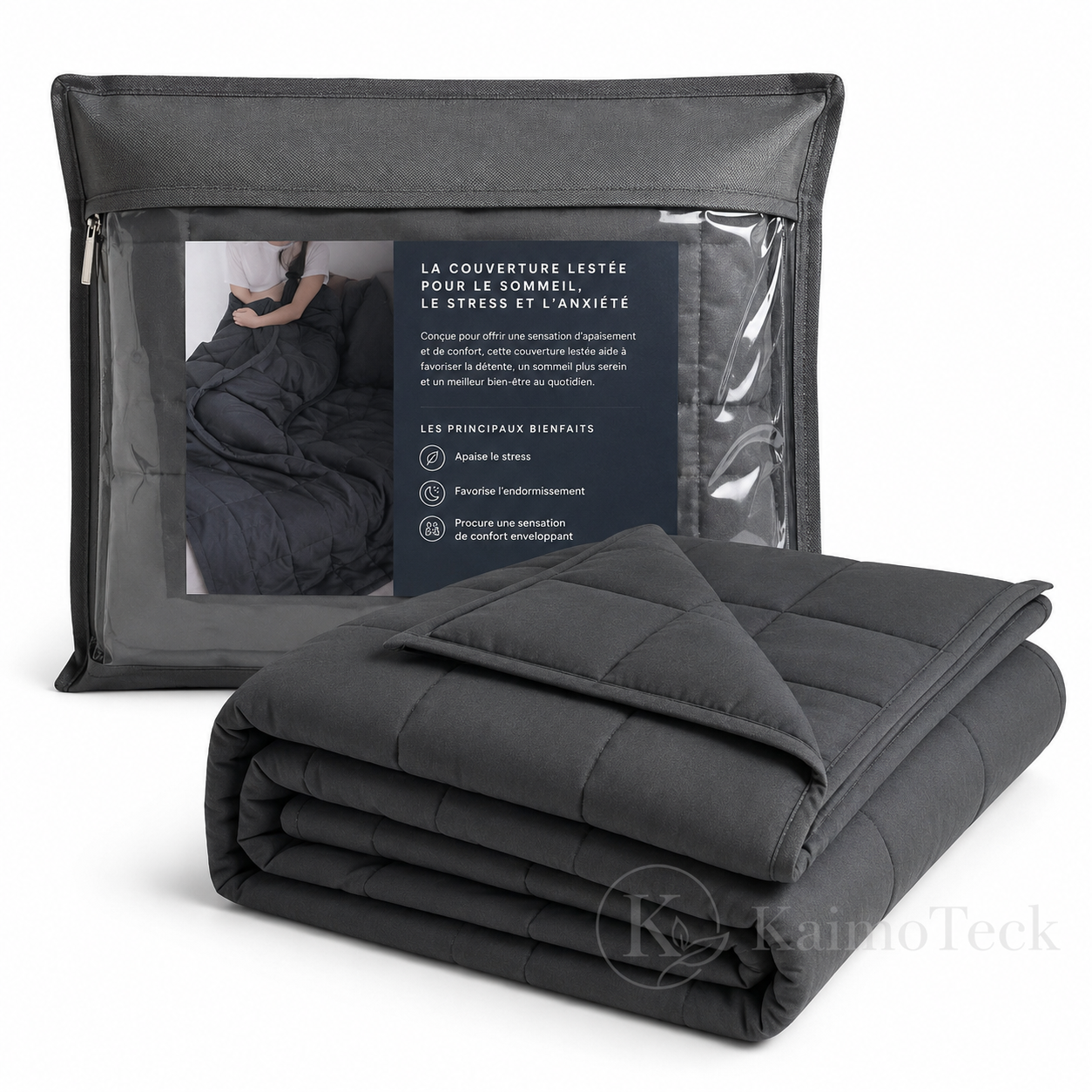 Couverture lestée grise KaimoTech avec sac de rangement, matelassage dense, tissu doux et format plié, idéale pour le confort au lit, la relaxation et un sommeil apaisé