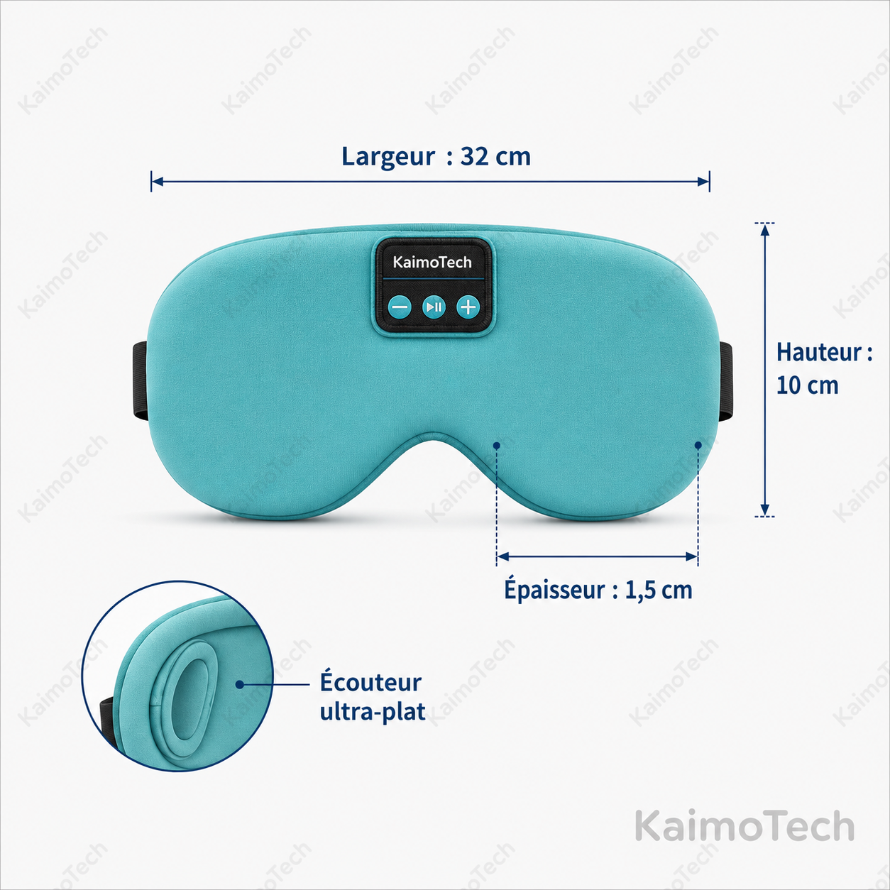 Masque de sommeil Bluetooth DreamMask Pro KaimoTech bleu ciel avec dimensions détaillées, largeur 32 cm, hauteur 10 cm, épaisseur 1,5 cm et écouteurs ultra-plats intégrés.
