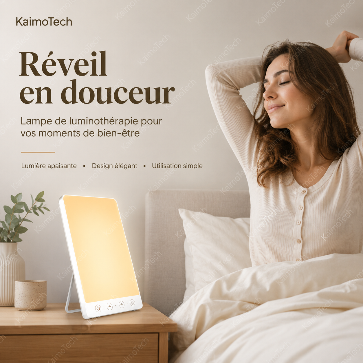 Lampe de luminothérapie KaimoTech avec lumière douce et apaisante pour un réveil en douceur, idéale sur une table de chevet, avec design élégant, commandes tactiles, support inclinable et utilisation quotidienne pour le bien-être, l’énergie et les moments de détente