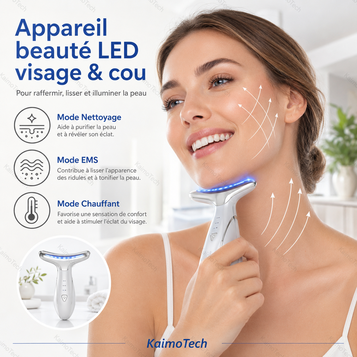 Appareil beauté LED KaimoTech pour le visage et le cou, utilisé par une femme dans une routine de soin à domicile. Visuel présentant les modes nettoyage, EMS et chauffant, avec lumière LED bleue, design ergonomique et utilisation simple pour le visage, le cou et le bien-être quotidien.