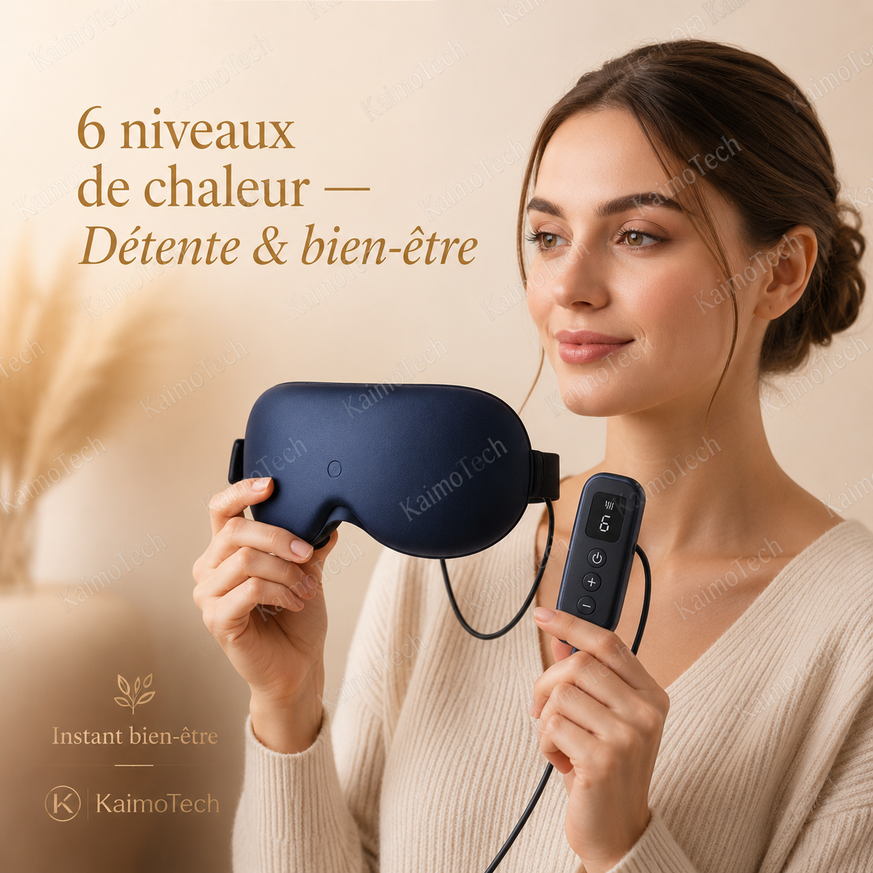 Femme tenant le masque chauffant 3D KaimoTech avec télécommande, 6 niveaux de chaleur et confort apaisant pour un instant bien-être.