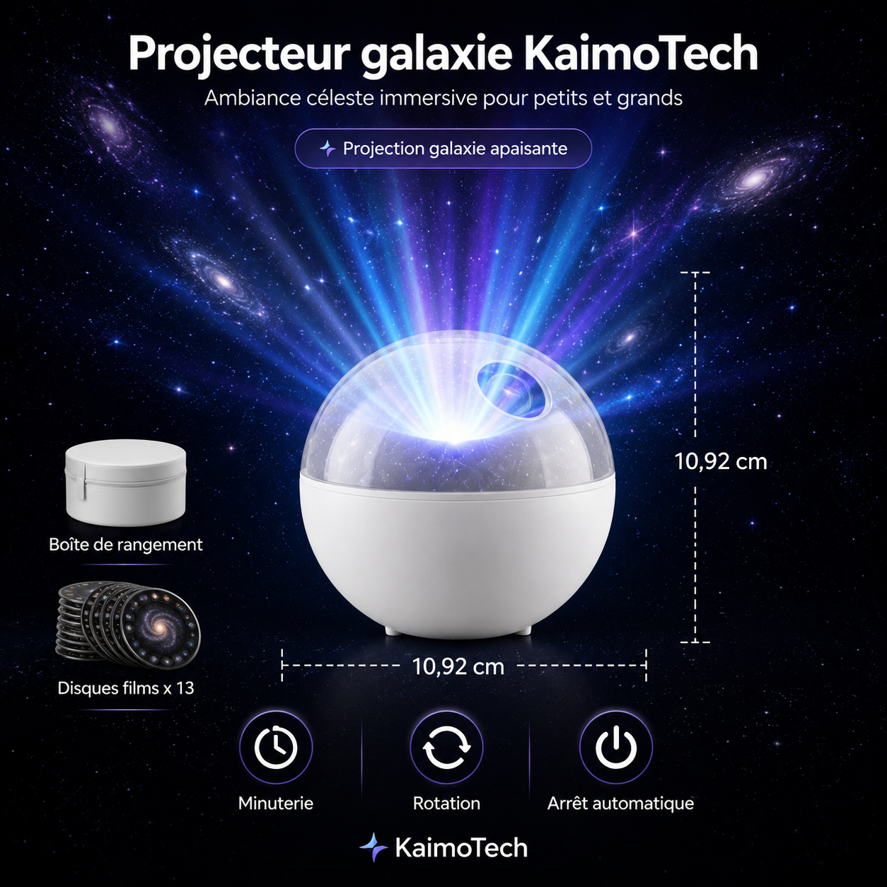 Projecteur galaxie KaimoTech blanc avec 13 disques de projection, boîte de rangement, fonction minuterie, rotation à 360°, arrêt automatique et lumière galaxie pour chambre, détente et ambiance étoilée.