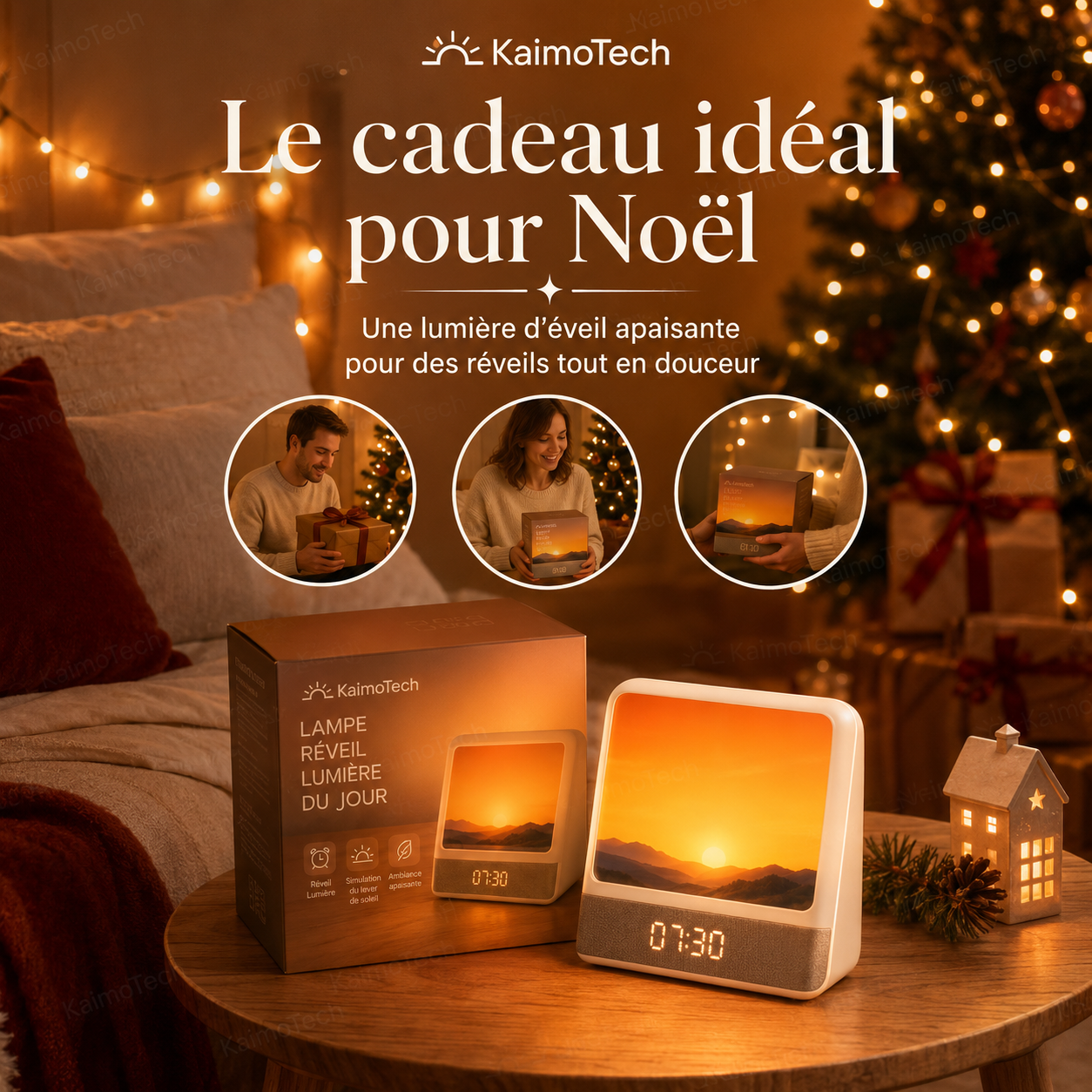 Réveil lumineux KaimoTech avec simulation d’aube, lumière d’éveil apaisante et horloge intégrée, présenté comme idée cadeau de Noël dans une ambiance chaleureuse avec coffret, idéal pour un réveil progressif et une routine de sommeil plus douce.