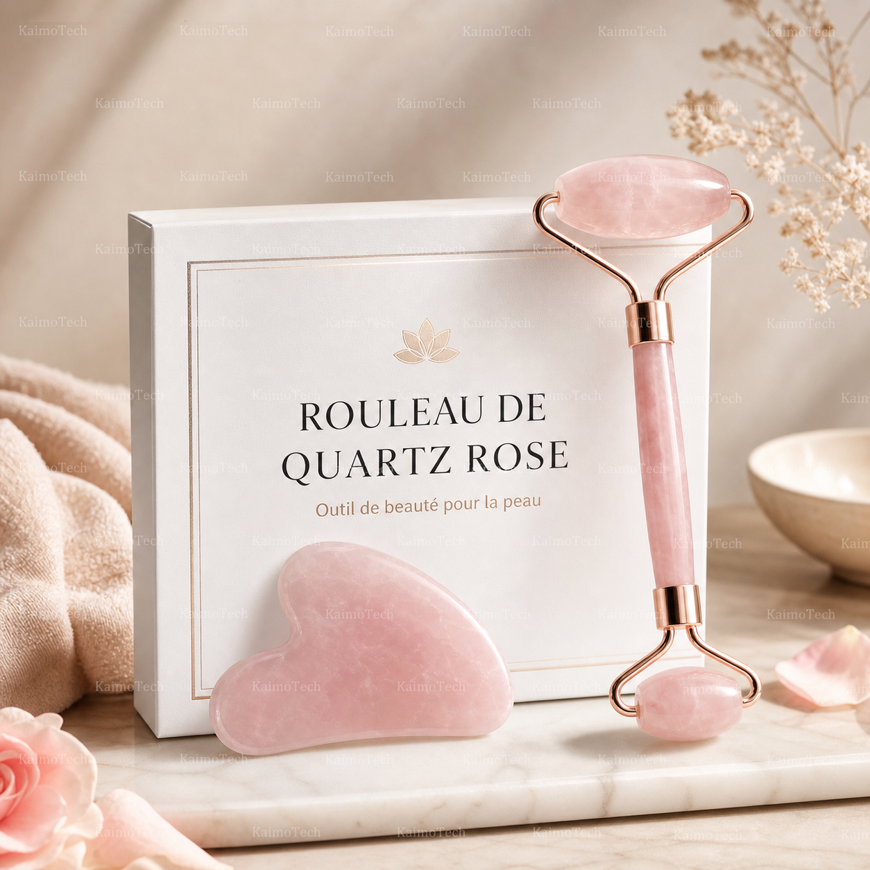 Rouleau de quartz rose avec pierre Gua Sha assortie, présenté dans un coffret élégant au style doux et raffiné. Outil de beauté pour le visage idéal pour une routine de massage quotidienne, aidant à lisser l’apparence de la peau et à offrir un moment de relaxation et de bien-être.