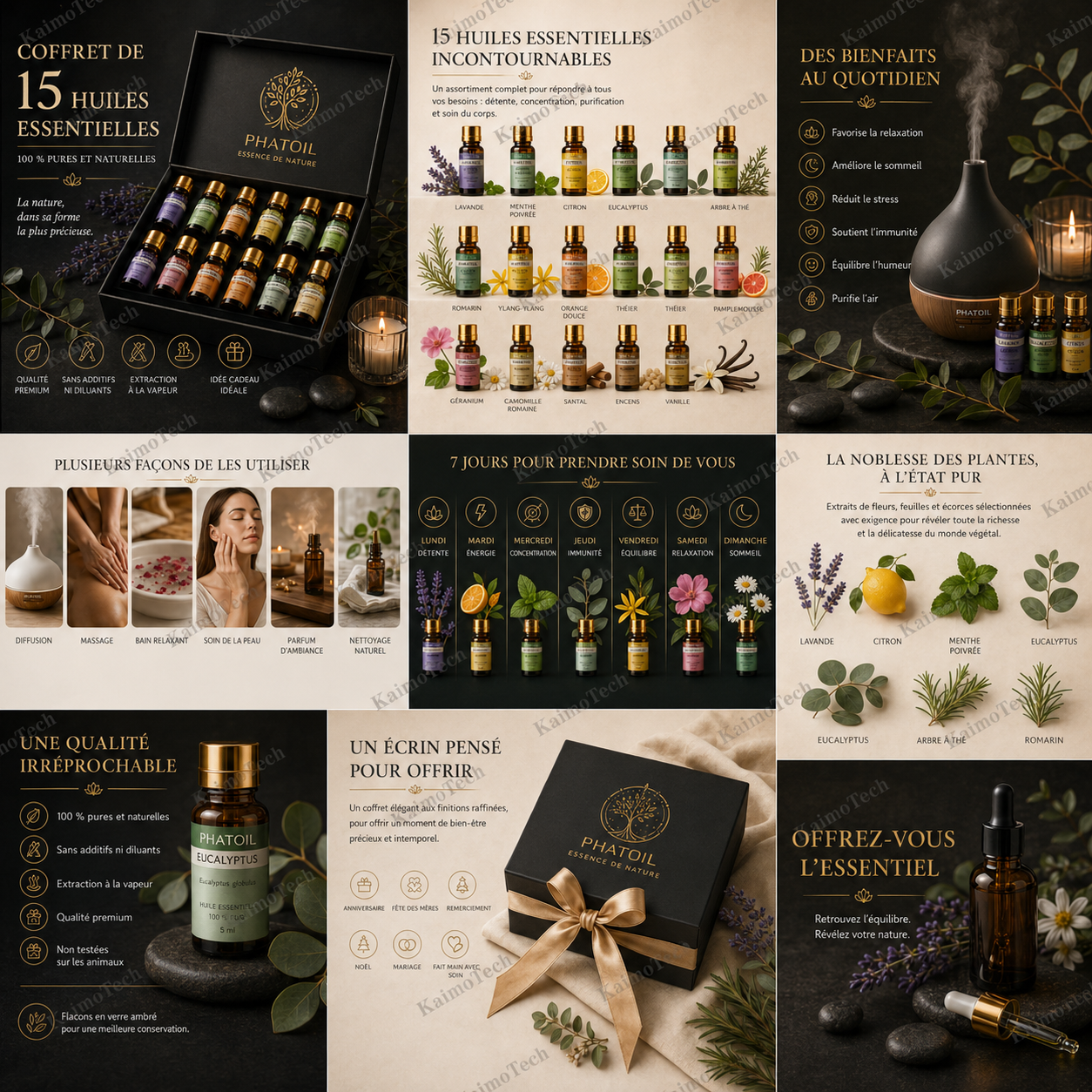 Coffret de 15 huiles essentielles distribué par KaimoTech, présenté dans un univers premium avec flacons, diffuseur, bienfaits au quotidien, rituel sensoriel sur 7 jours, usages multiples, plantes naturelles et idée cadeau élégante.