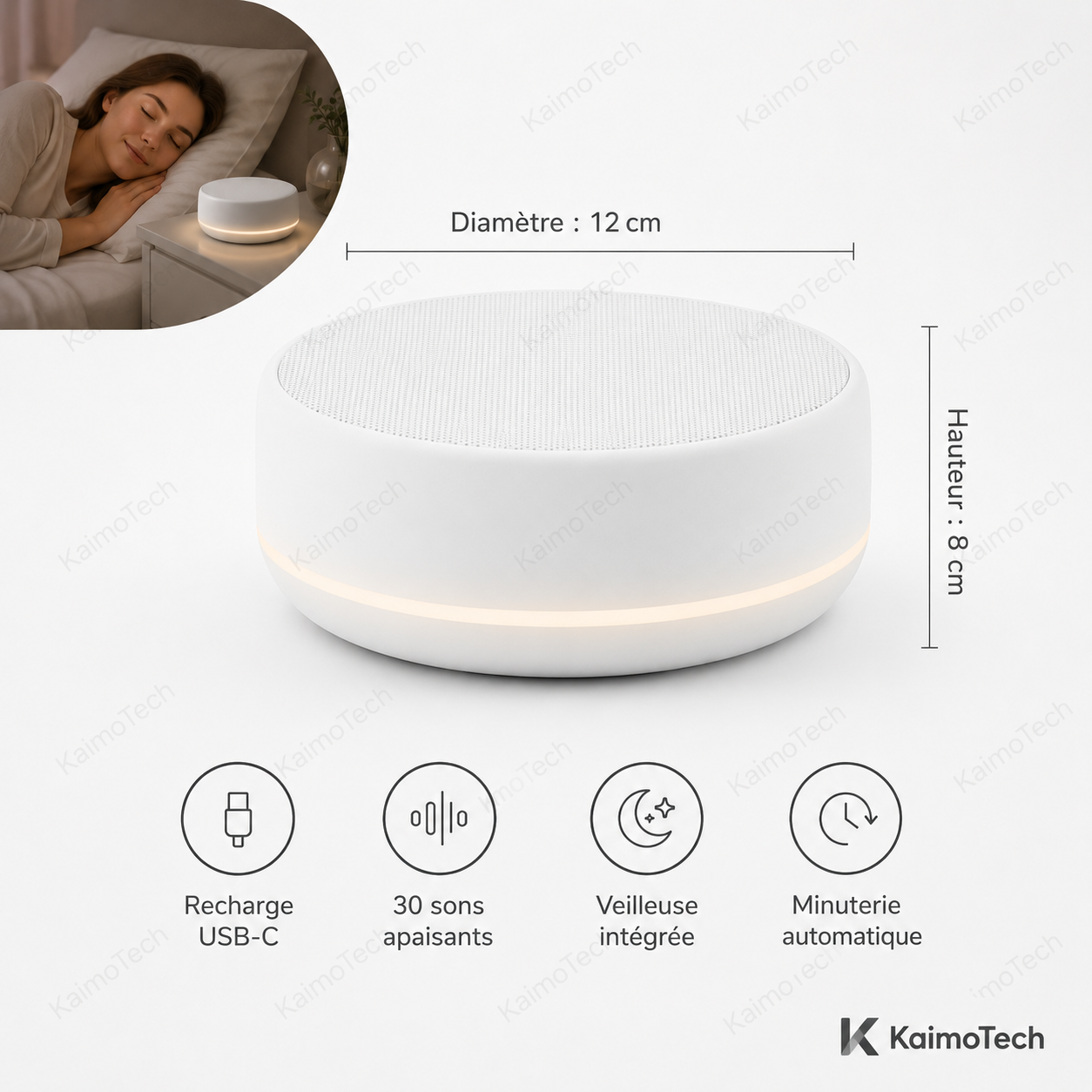 Machine à bruit blanc SleepSound KaimoTech compacte avec dimensions 12 x 8 cm, recharge USB-C, 30 sons apaisants, veilleuse intégrée et minuterie automatique