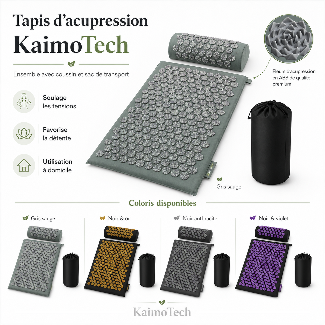 Tapis d’acupression KaimoTech avec coussin et sac de transport, présenté avec ses picots en ABS, ses coloris disponibles et ses bénéfices pour soulager les tensions, favoriser la détente et une utilisation à domicile.