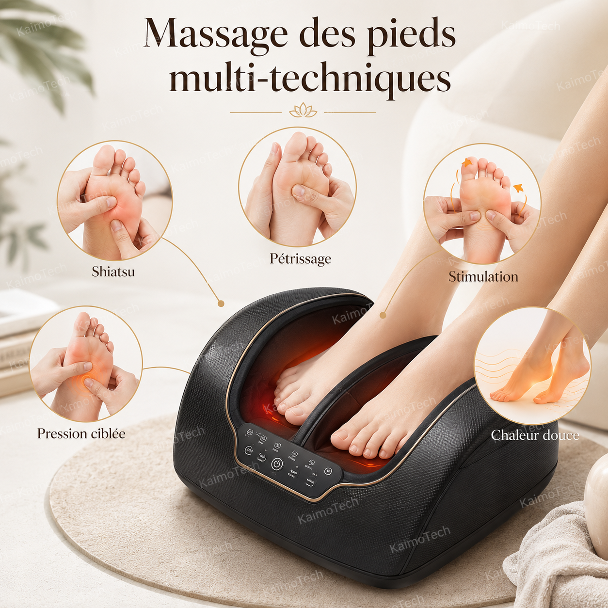 Masseur de pieds shiatsu KaimoTech multi-techniques avec chaleur douce, présenté avec les fonctions shiatsu, pétrissage, stimulation, pression ciblée et massage chauffant pour la détente des pieds à domicile.
