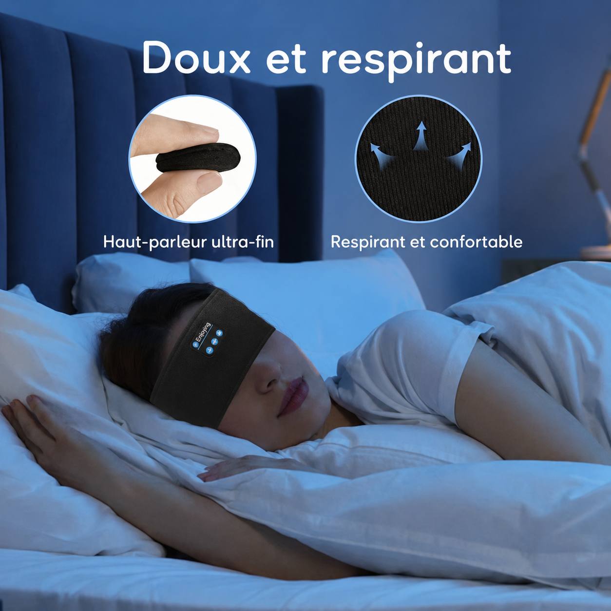 Bandeau sommeil doux et respirant - haut-parleur ultra-fin intégré