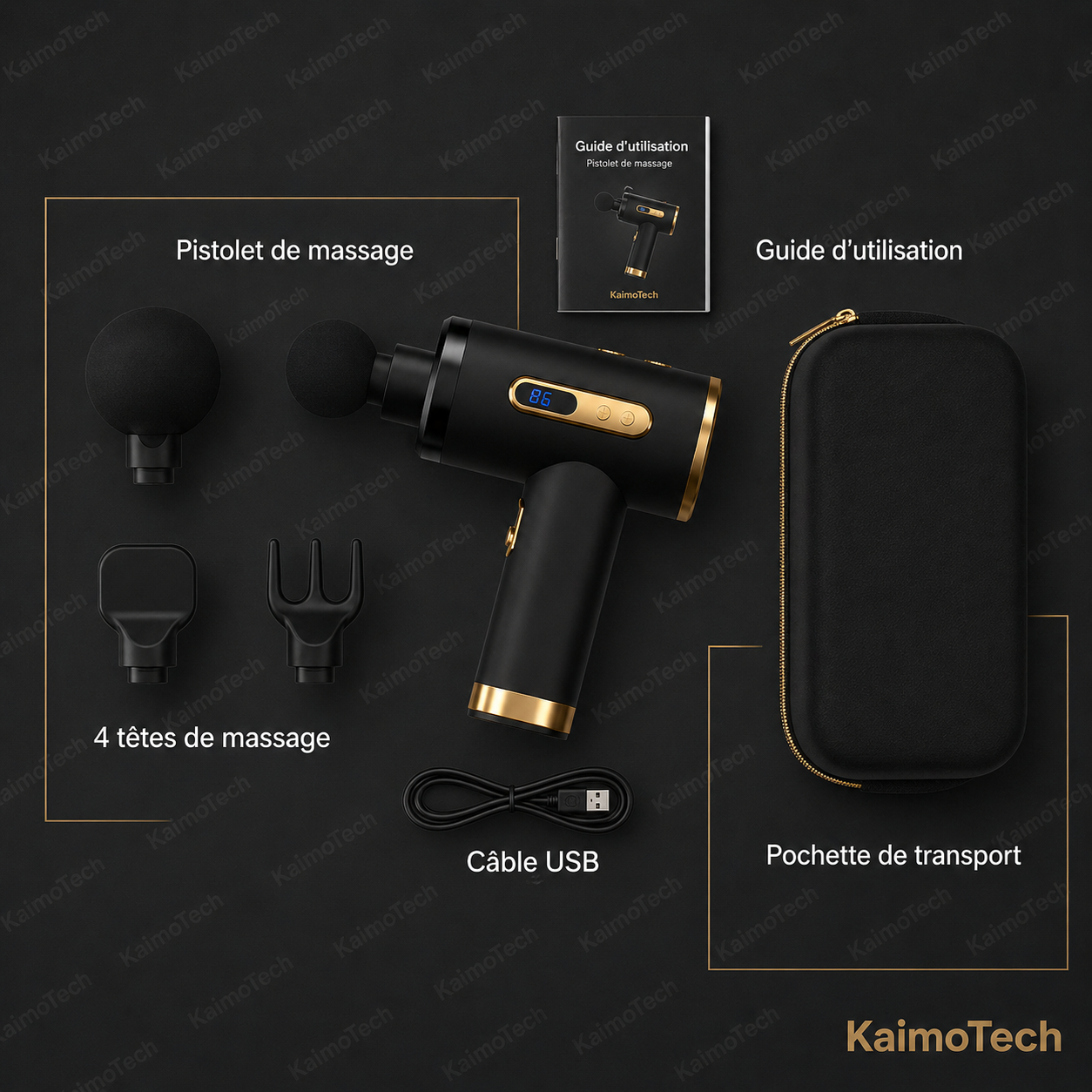 Contenu de la boîte KaimoTech PulseGun Mini – pistolet de massage, 4 têtes de massage, câble USB, pochette de transport, guide d’utilisation

