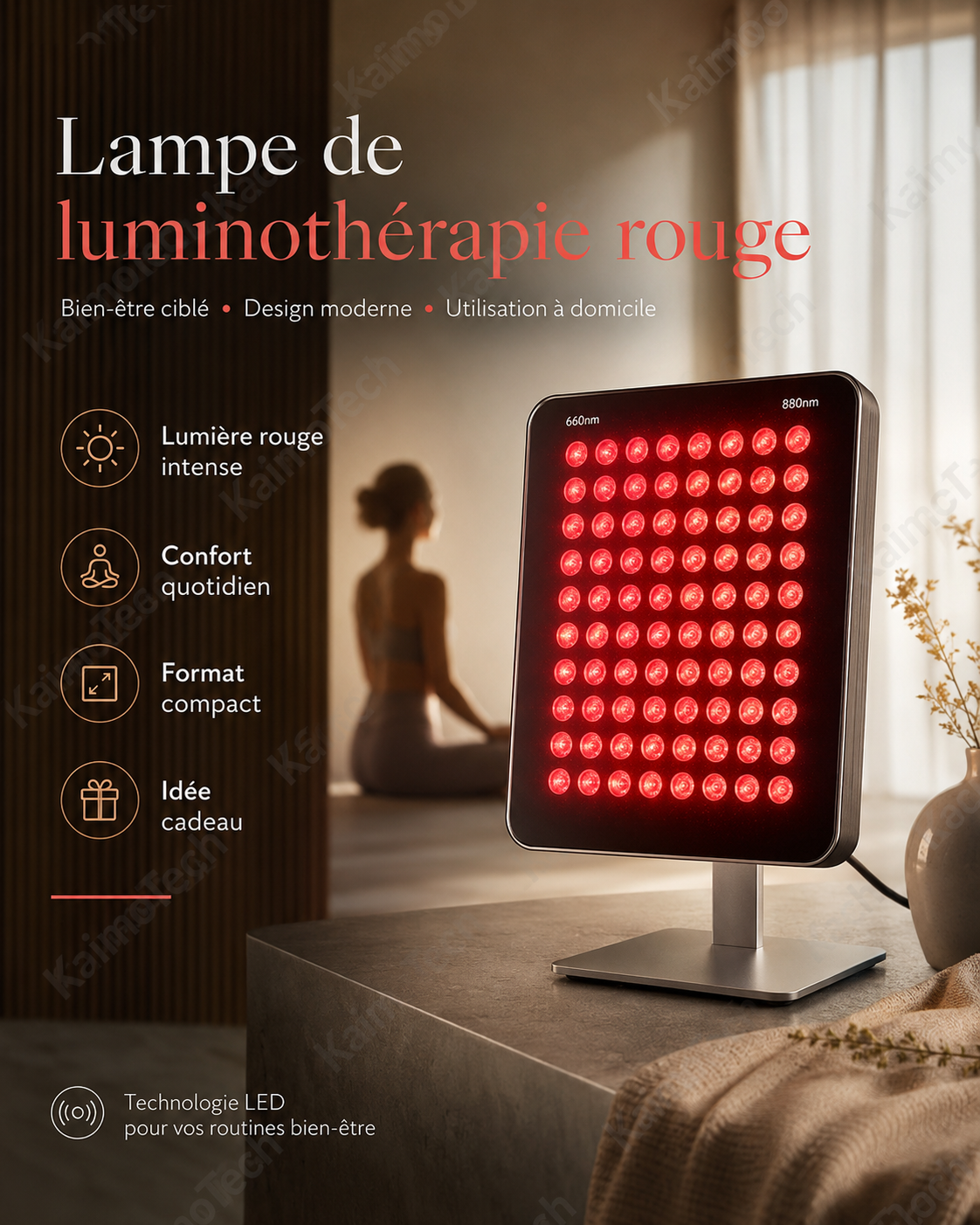 Panneau de luminothérapie rouge compact distribué par KaimoTech, avec lumière rouge intense, format moderne et technologie LED pour les routines bien-être, le confort quotidien et une utilisation à domicile.
