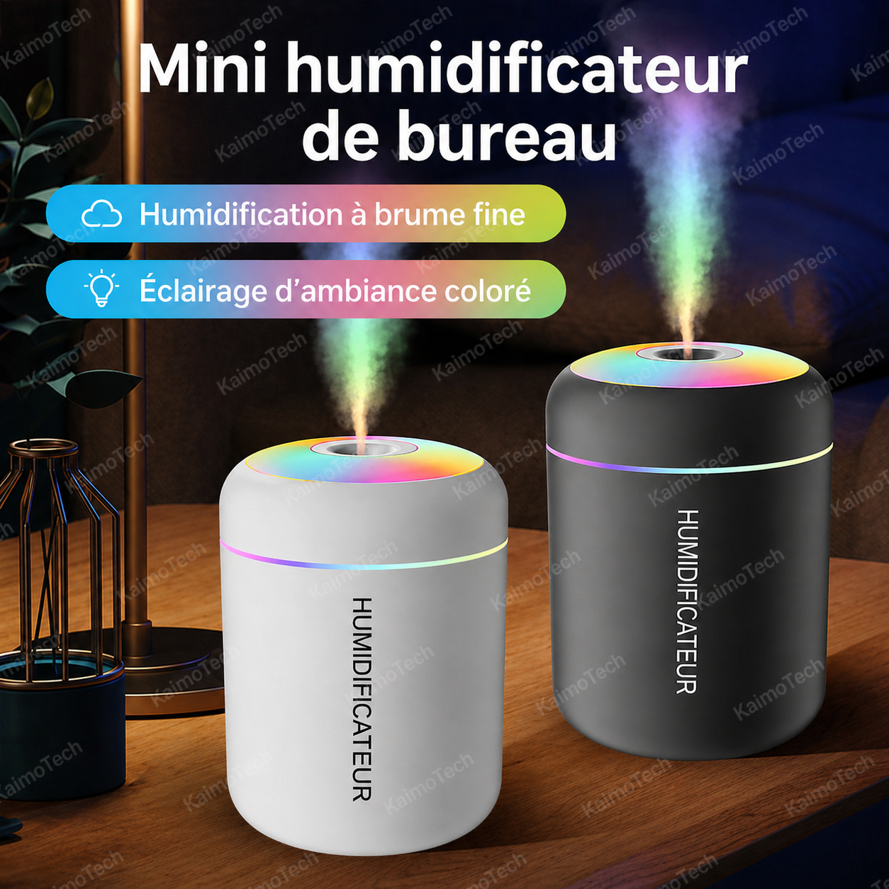 Mini humidificateur de bureau distribué par KaimoTech avec brume fine, éclairage d’ambiance coloré et design compact, idéal pour humidifier l’air à la maison ou au bureau.