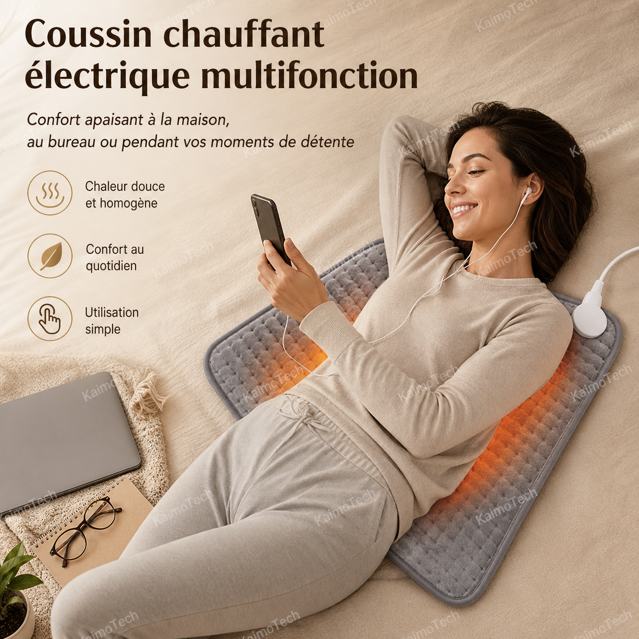 Coussin chauffant électrique multifonction KaimoTech — femme allongée sur un lit avec écouteurs et smartphone, coussin gris sous le dos avec chaleur orange visible, chaleur douce et homogène, confort au quotidien, utilisation simple à la maison ou au bureau