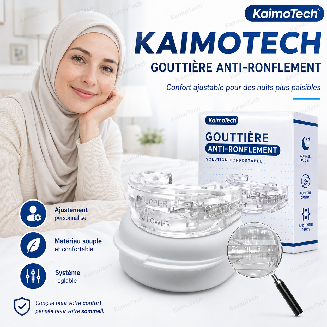 Gouttière anti-ronflement KaimoTech ajustable avec matériau souple, système réglable, boîte de rangement et conception confortable, pensée pour aider à réduire le ronflement nocturne et favoriser un sommeil plus paisible.